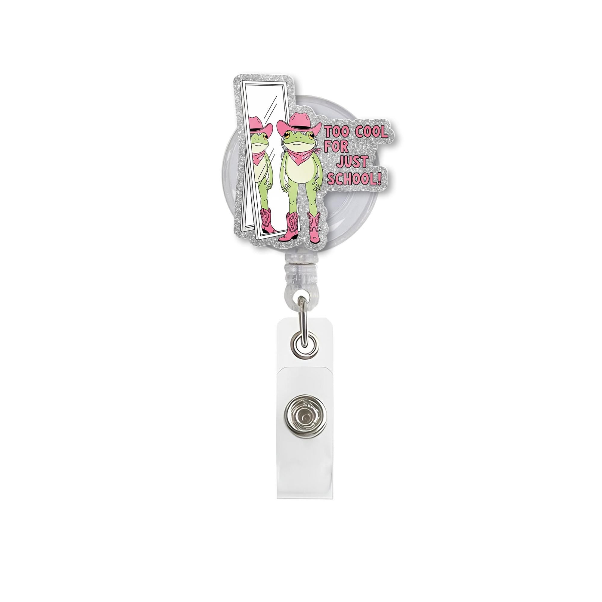 Frog Badge Reel, Too Cool for Just School, Cute Pink Cowgirl Frog ID Holder, Funny Nurse Badge, Teacher Gift, Office Accessory