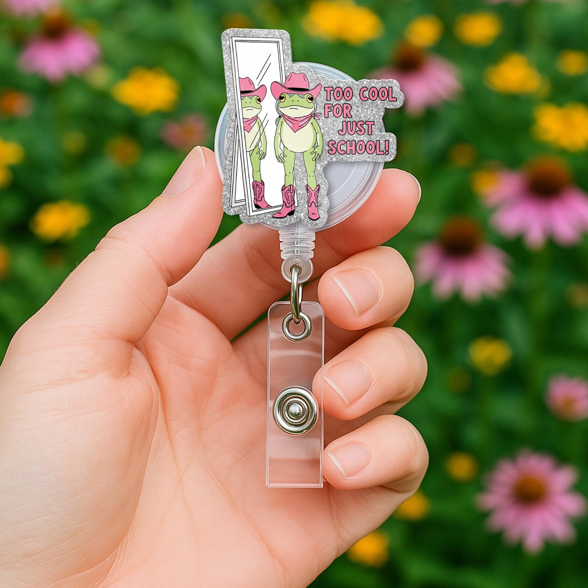 Frog Badge Reel, Too Cool for Just School, Cute Pink Cowgirl Frog ID Holder, Funny Nurse Badge, Teacher Gift, Office Accessory