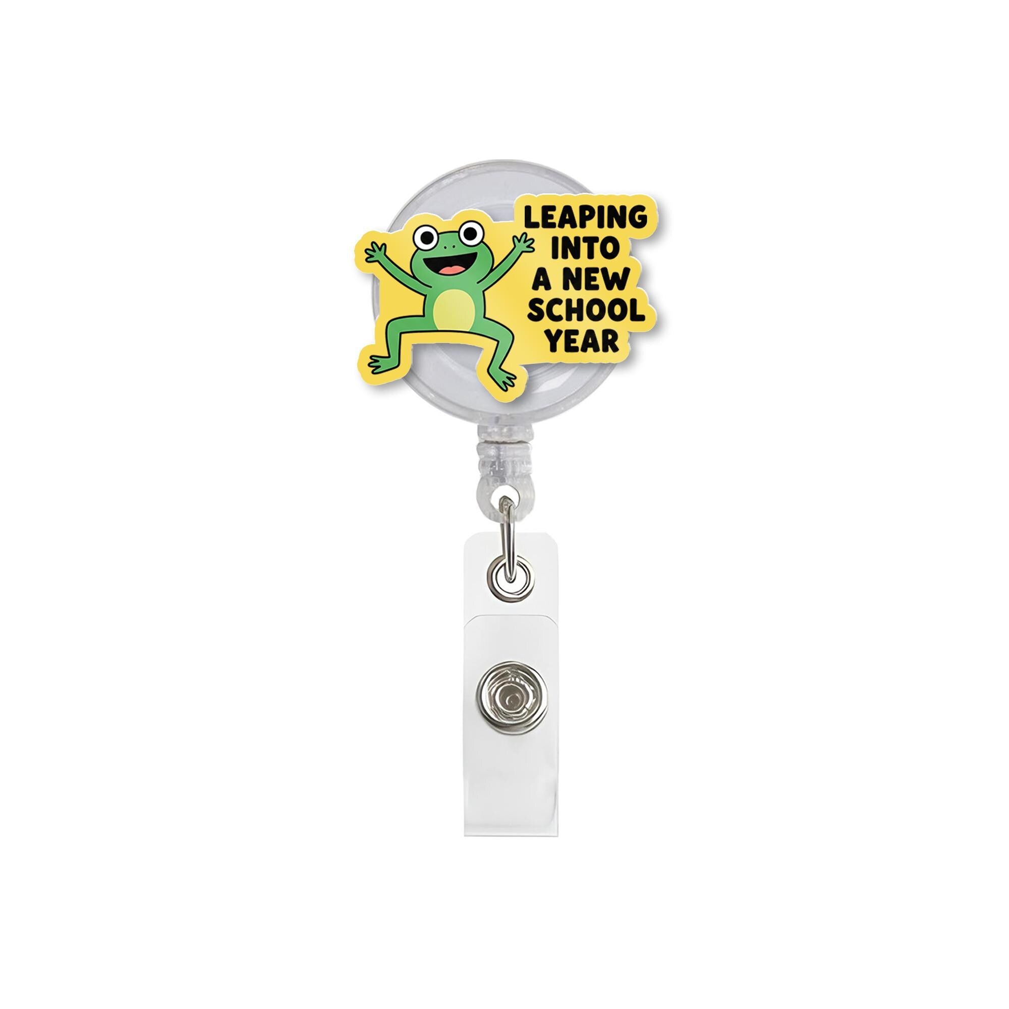 Leaping Into a New School Year Badge Reel, Frog Teacher Badge Holder, Back to School ID Clip, Cute Classroom Accessory
