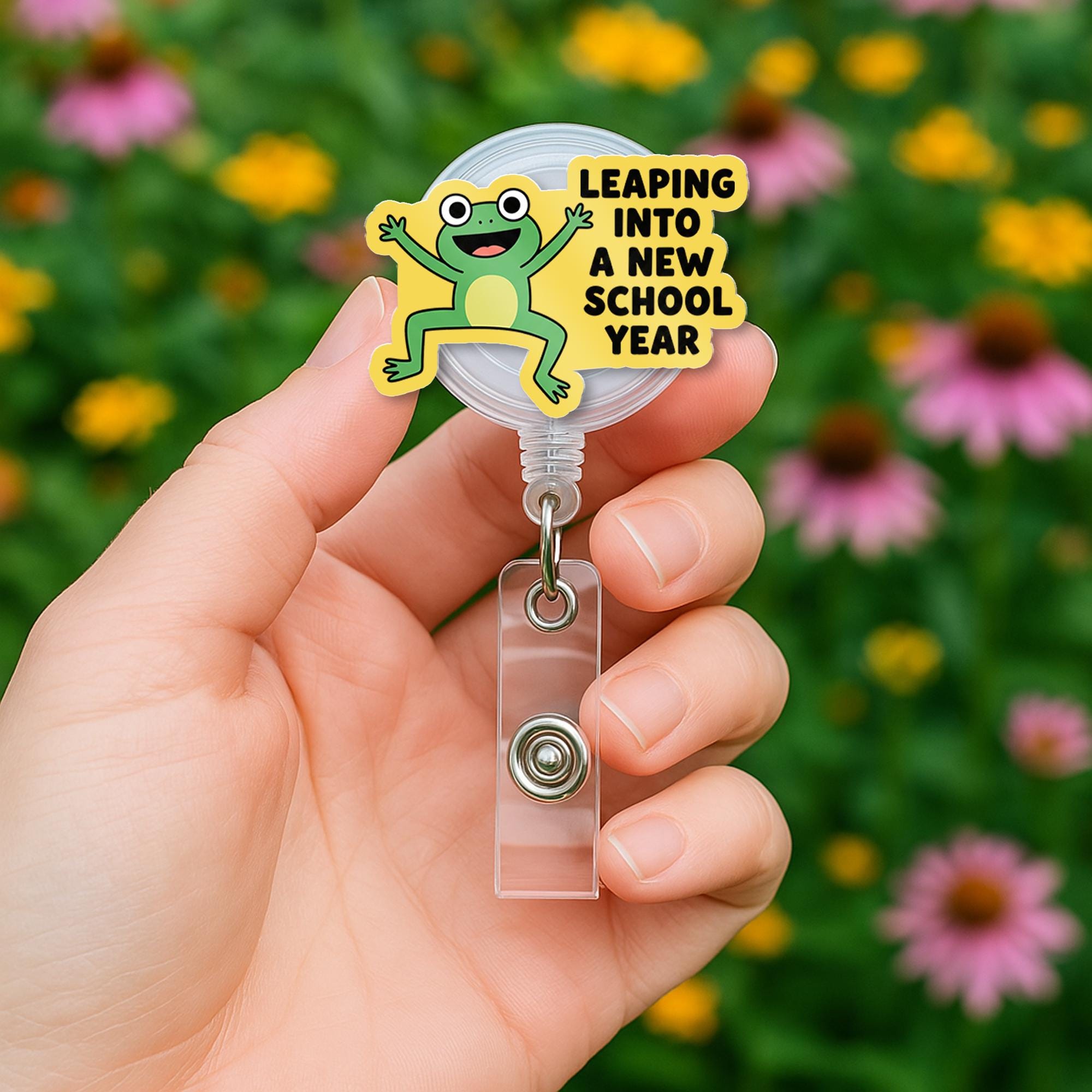 Leaping Into a New School Year Badge Reel, Frog Teacher Badge Holder, Back to School ID Clip, Cute Classroom Accessory