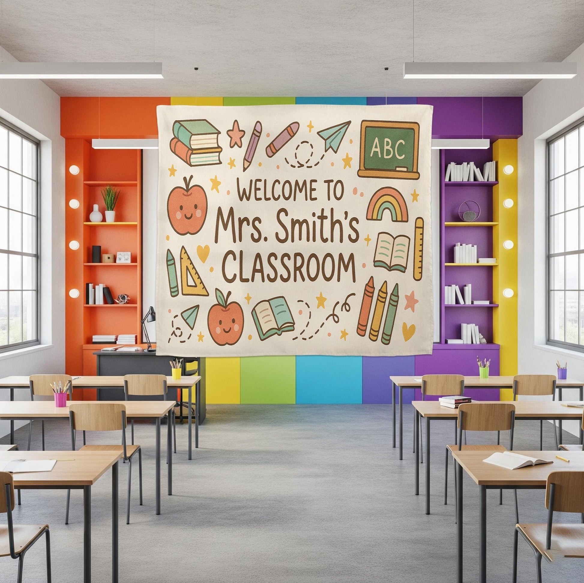Custom Teacher Classroom Banner, Personalized Welcome Tapestry, Back to School Wall Decor, Teacher Name Sign, ABC Themed Decor