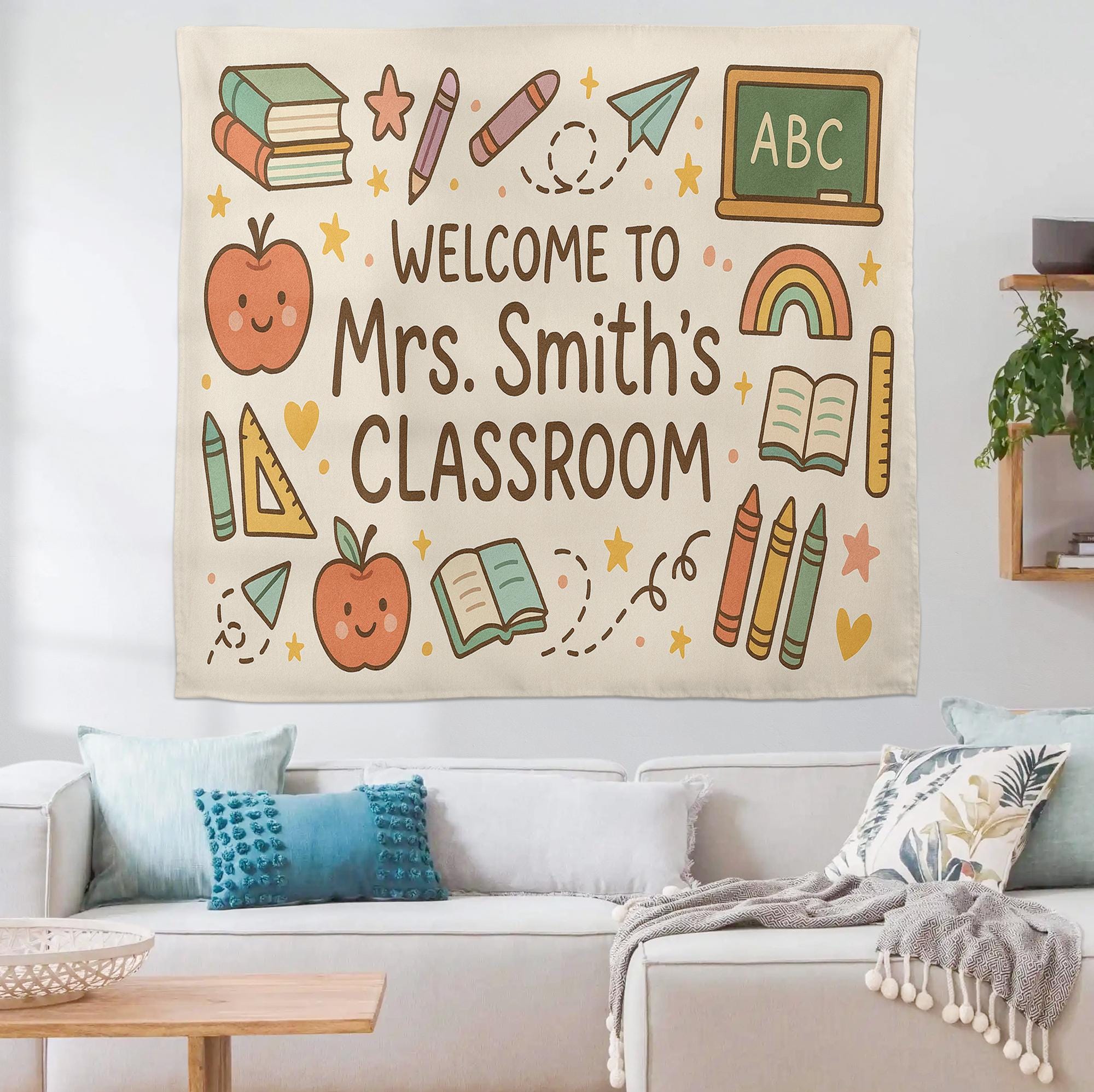 Custom Teacher Classroom Banner, Personalized Welcome Tapestry, Back to School Wall Decor, Teacher Name Sign, ABC Themed Decor