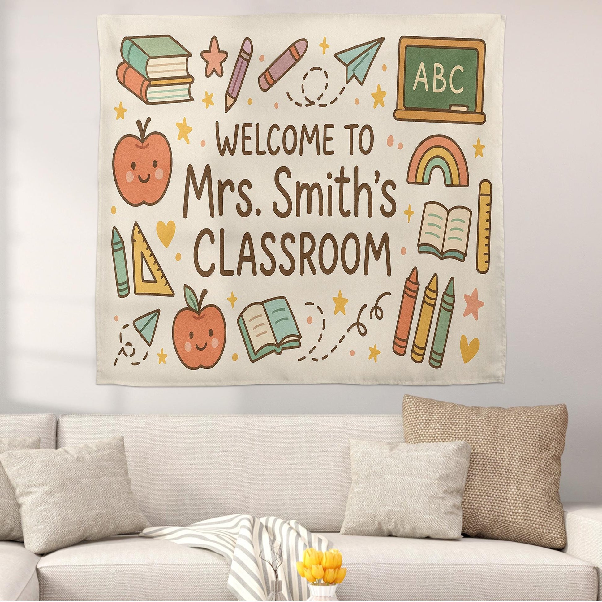 Custom Teacher Classroom Banner, Personalized Welcome Tapestry, Back to School Wall Decor, Teacher Name Sign, ABC Themed Decor