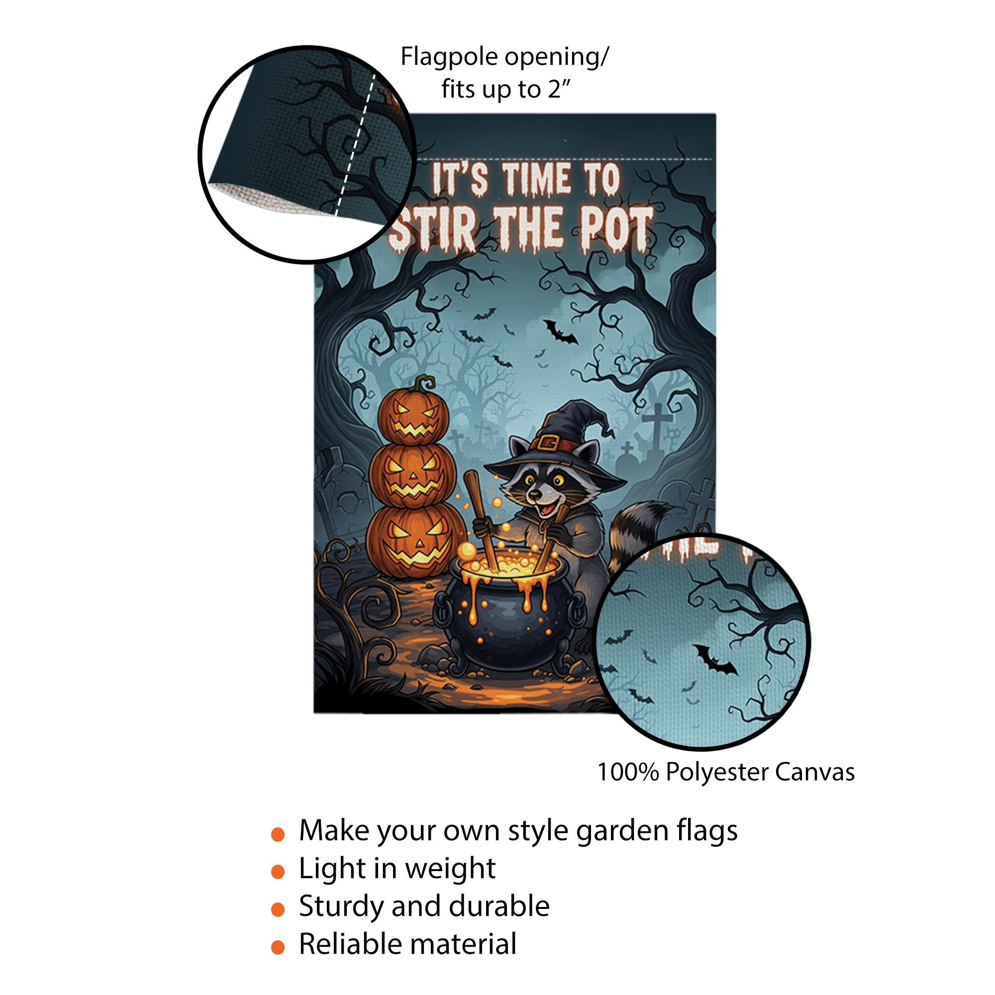 Halloween Garden Flag - Witch Raccoon Stirring Cauldron - Funny Fall Yard Decor - Spooky Cute Outdoor Sign - Stir The Pot Banner