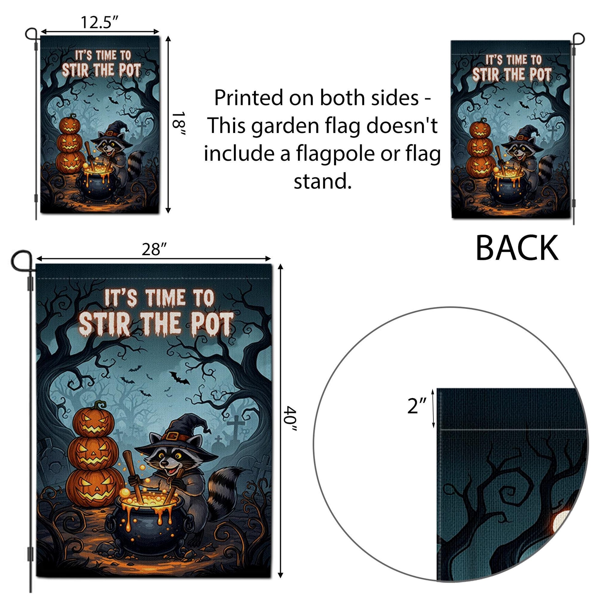 Halloween Garden Flag - Witch Raccoon Stirring Cauldron - Funny Fall Yard Decor - Spooky Cute Outdoor Sign - Stir The Pot Banner
