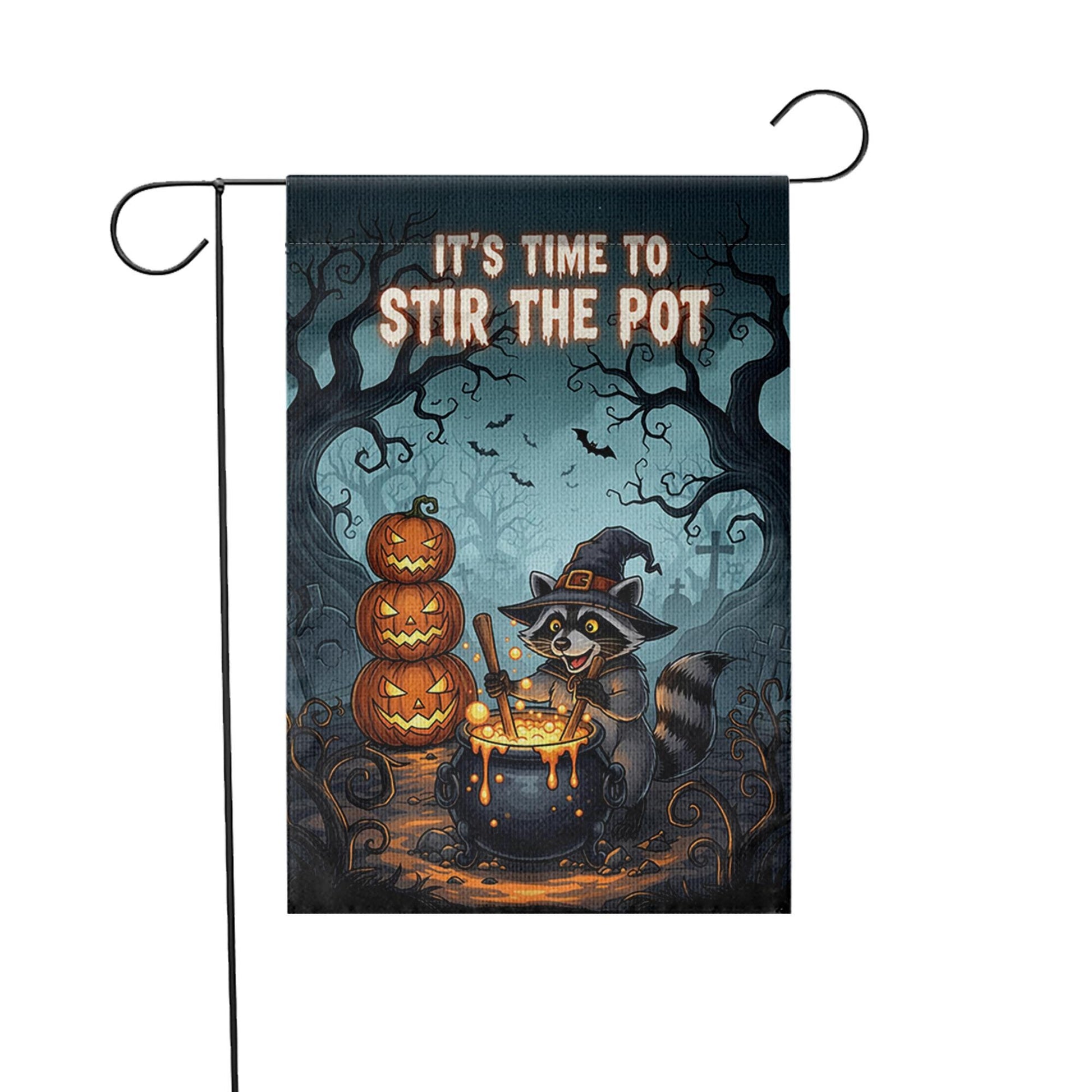 Halloween Garden Flag - Witch Raccoon Stirring Cauldron - Funny Fall Yard Decor - Spooky Cute Outdoor Sign - Stir The Pot Banner