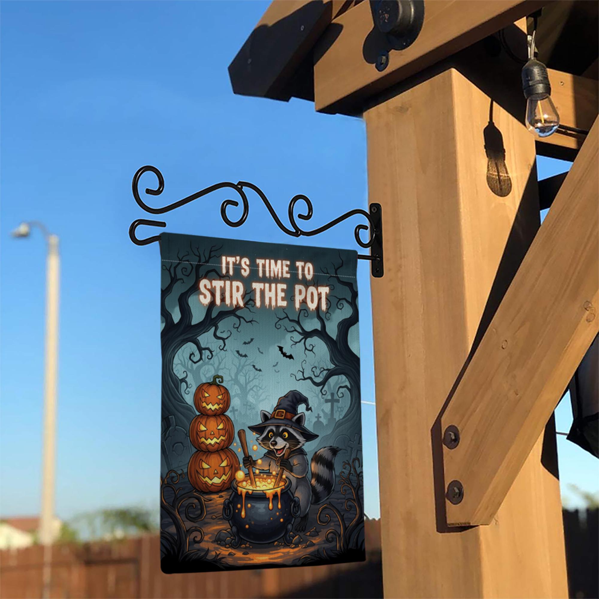 Halloween Garden Flag - Witch Raccoon Stirring Cauldron - Funny Fall Yard Decor - Spooky Cute Outdoor Sign - Stir The Pot Banner