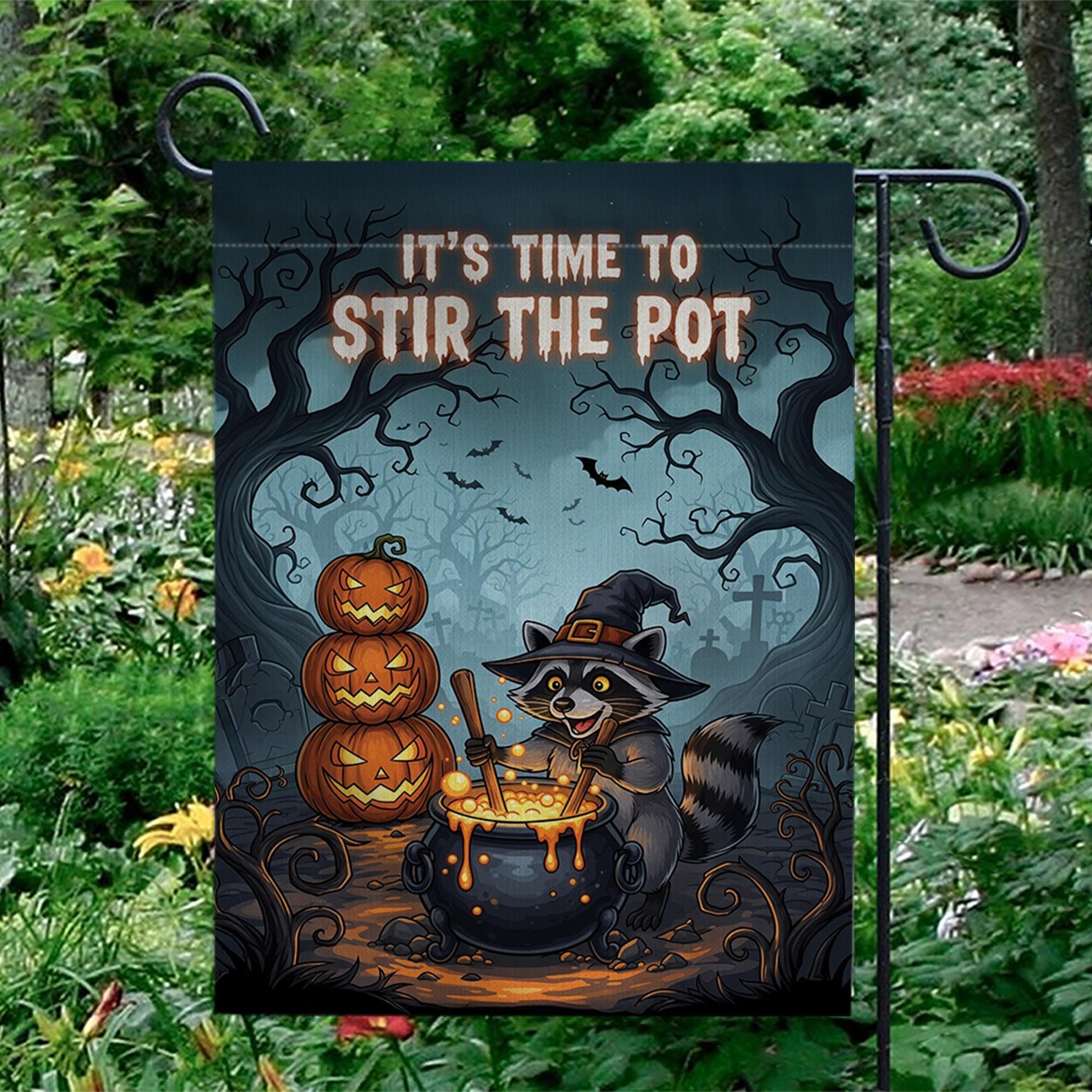 Halloween Garden Flag - Witch Raccoon Stirring Cauldron - Funny Fall Yard Decor - Spooky Cute Outdoor Sign - Stir The Pot Banner