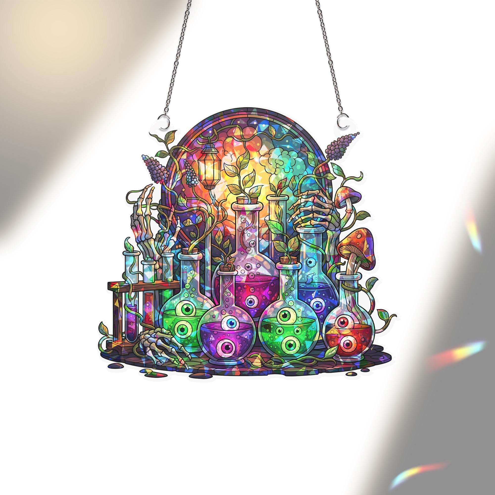 Witchy Potion Bottles Stained Glass Art - Halloween Apothecary Window Decor - Spooky Magic Lab Wall Hanging - Fantasy Gothic Sign