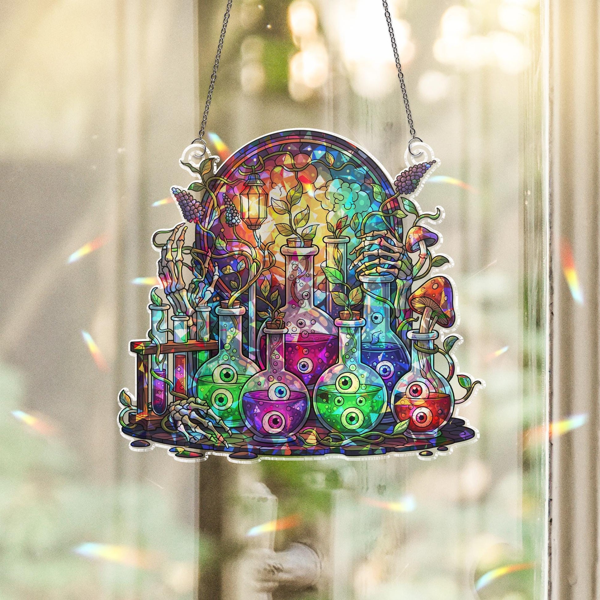 Witchy Potion Bottles Stained Glass Art - Halloween Apothecary Window Decor - Spooky Magic Lab Wall Hanging - Fantasy Gothic Sign