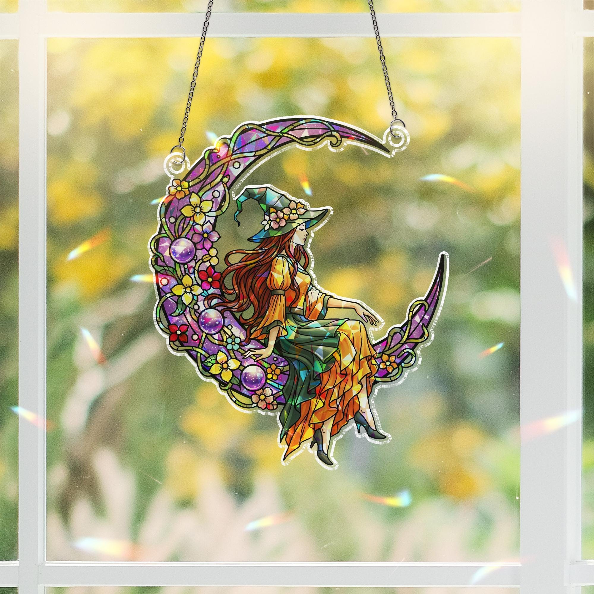 Witch on Crescent Moon Stained Glass Art - Halloween Window Hanging - Cottagecore Witchy Decor - Floral Celestial Wall Ornament