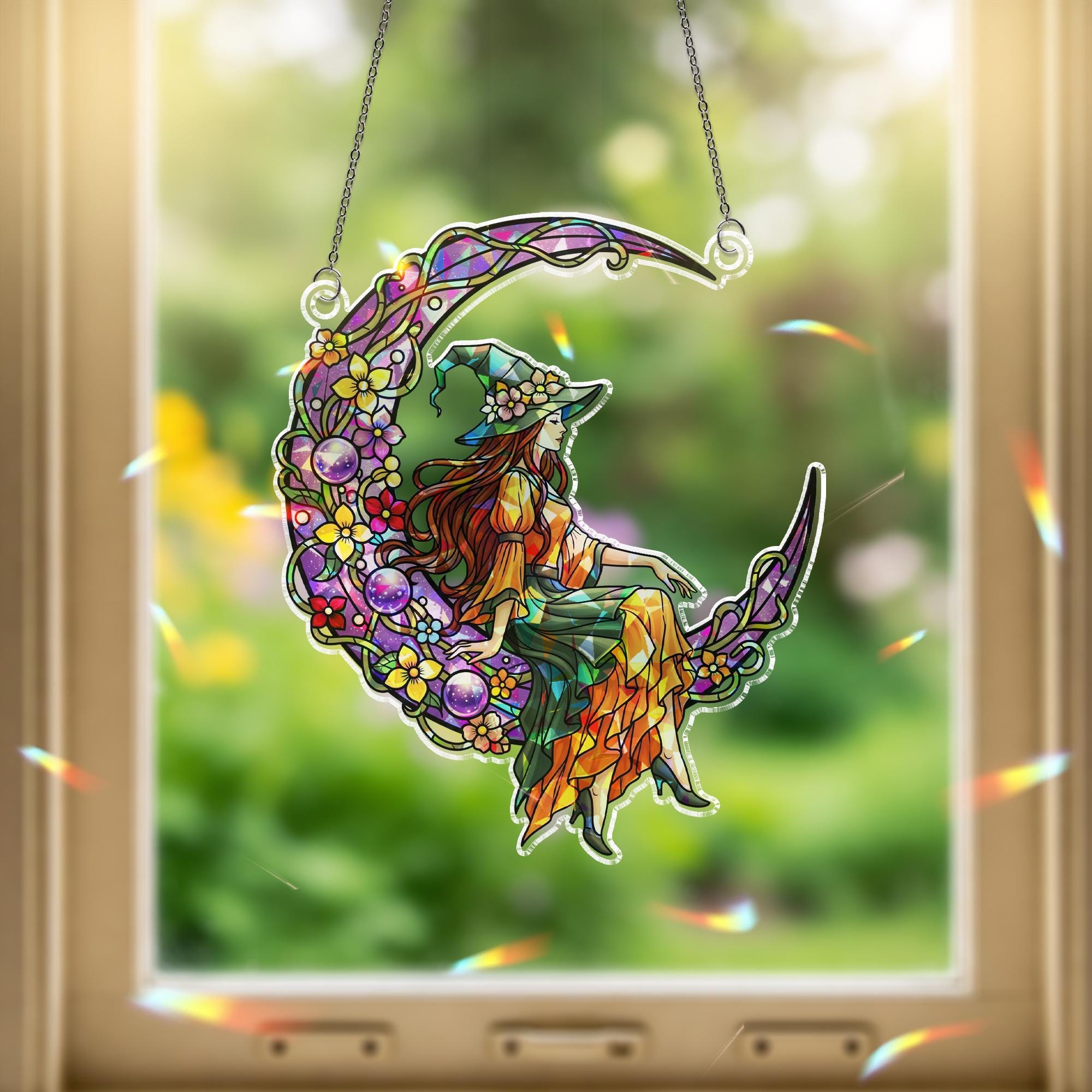 Witch on Crescent Moon Stained Glass Art - Halloween Window Hanging - Cottagecore Witchy Decor - Floral Celestial Wall Ornament