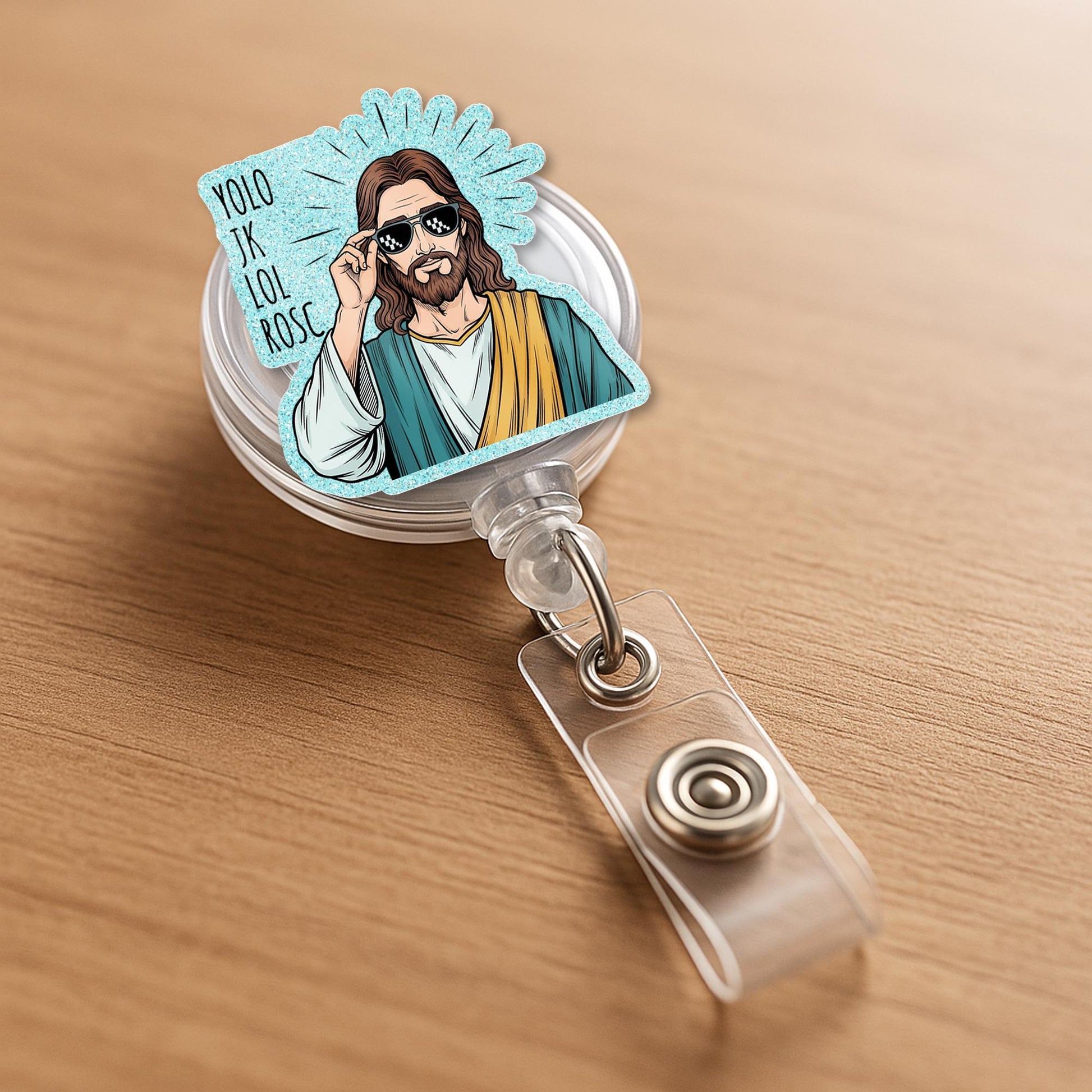 Funny Nurse Christian Badge Reel – Cool Jesus with Shades "YOLO JK lol Rosc", ID Holder for Nurses, Doctor, Medical Staffs, Funny Nurse Clip