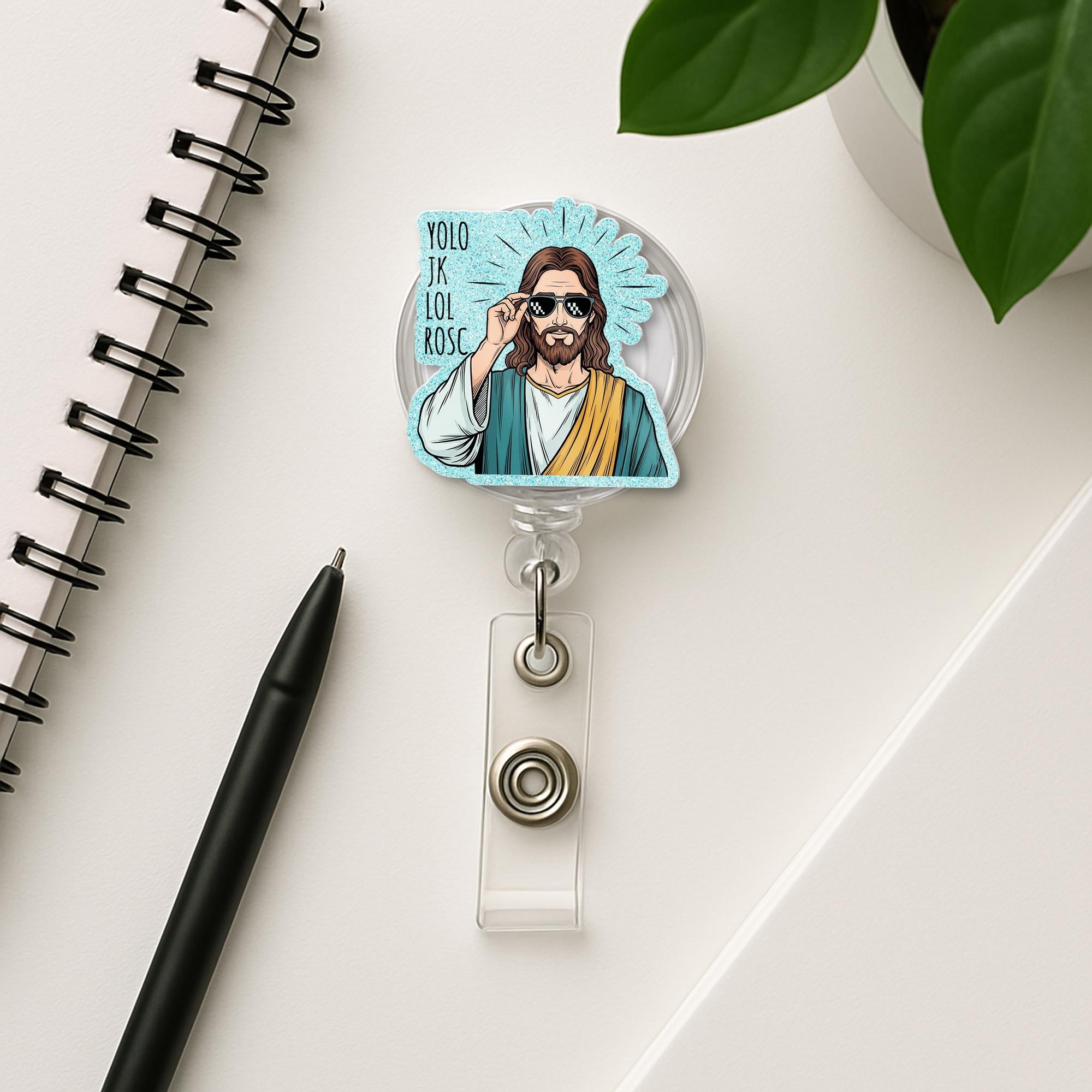 Funny Nurse Christian Badge Reel – Cool Jesus with Shades "YOLO JK lol Rosc", ID Holder for Nurses, Doctor, Medical Staffs, Funny Nurse Clip