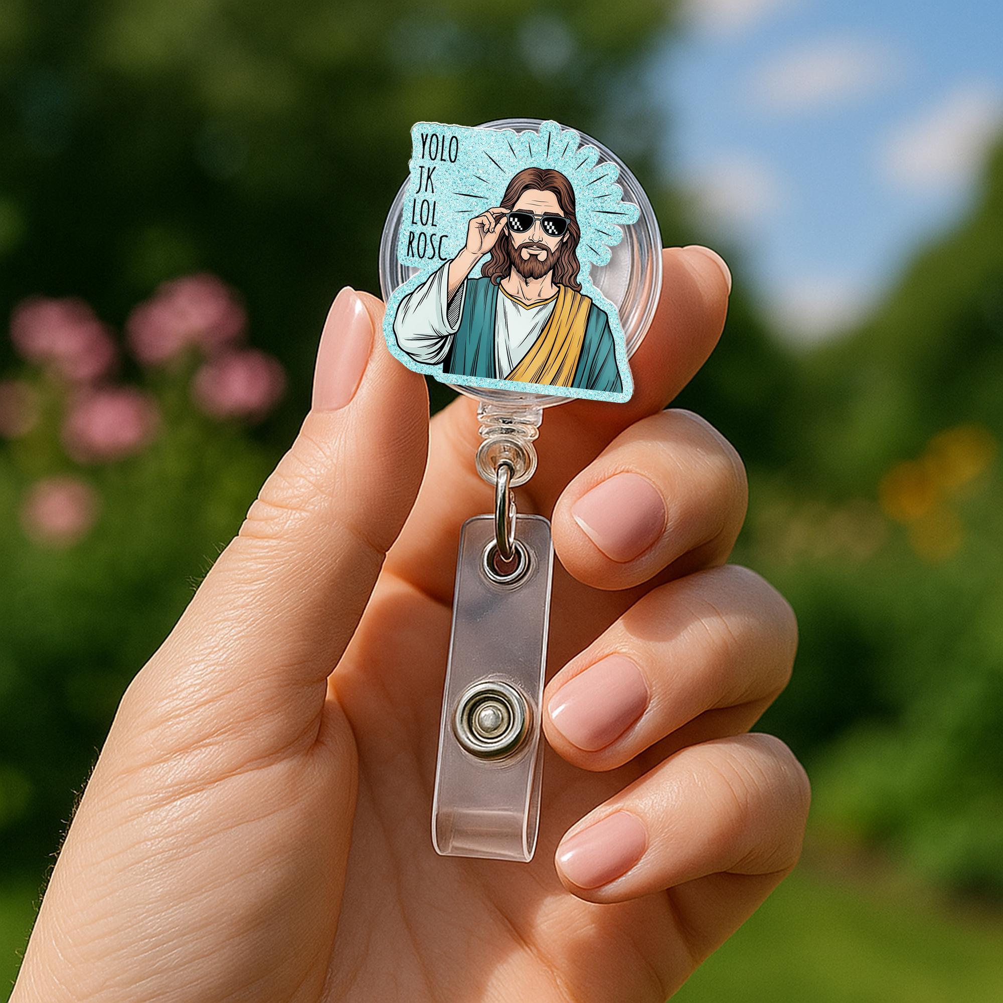 Funny Nurse Christian Badge Reel – Cool Jesus with Shades "YOLO JK lol Rosc", ID Holder for Nurses, Doctor, Medical Staffs, Funny Nurse Clip