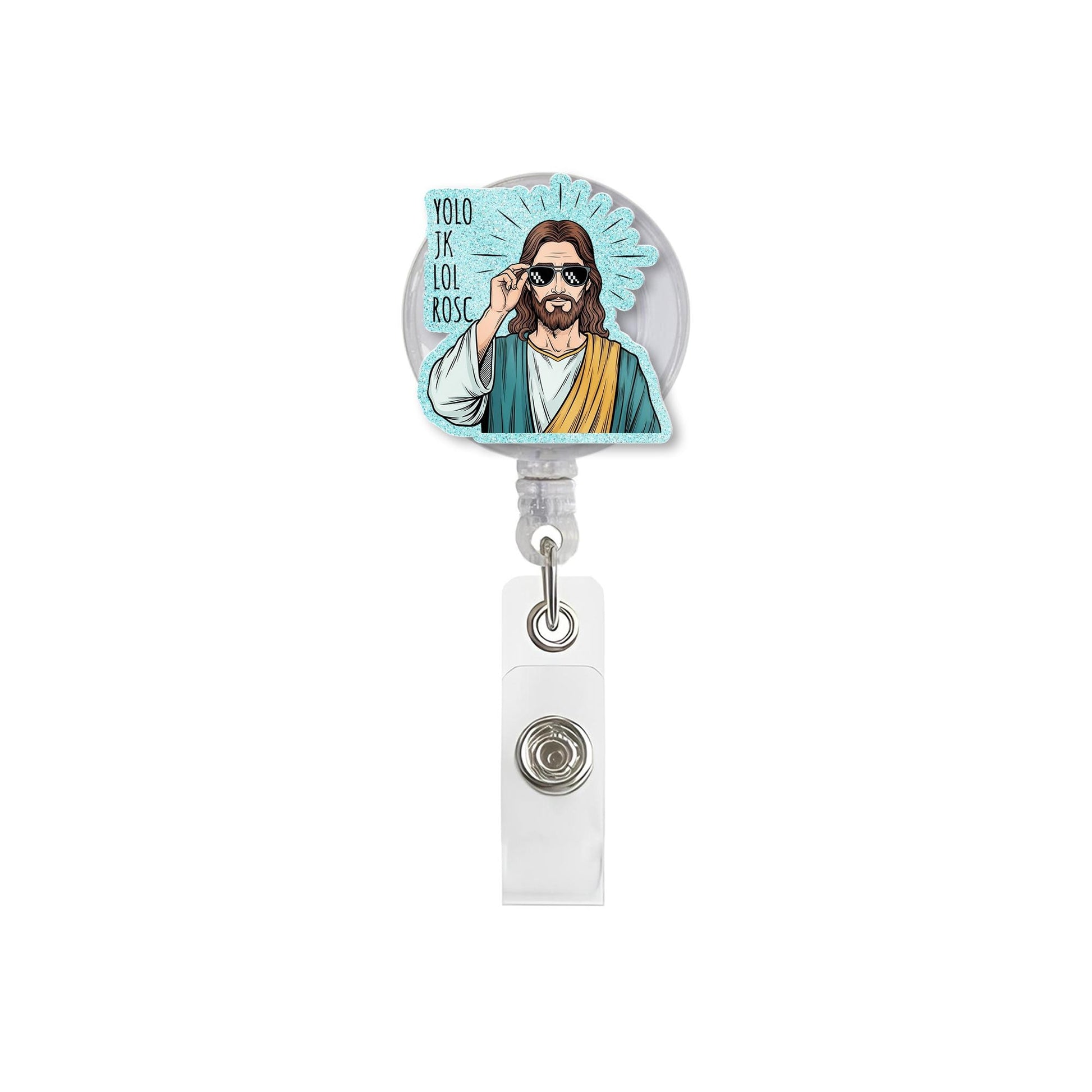 Funny Nurse Christian Badge Reel – Cool Jesus with Shades "YOLO JK lol Rosc", ID Holder for Nurses, Doctor, Medical Staffs, Funny Nurse Clip