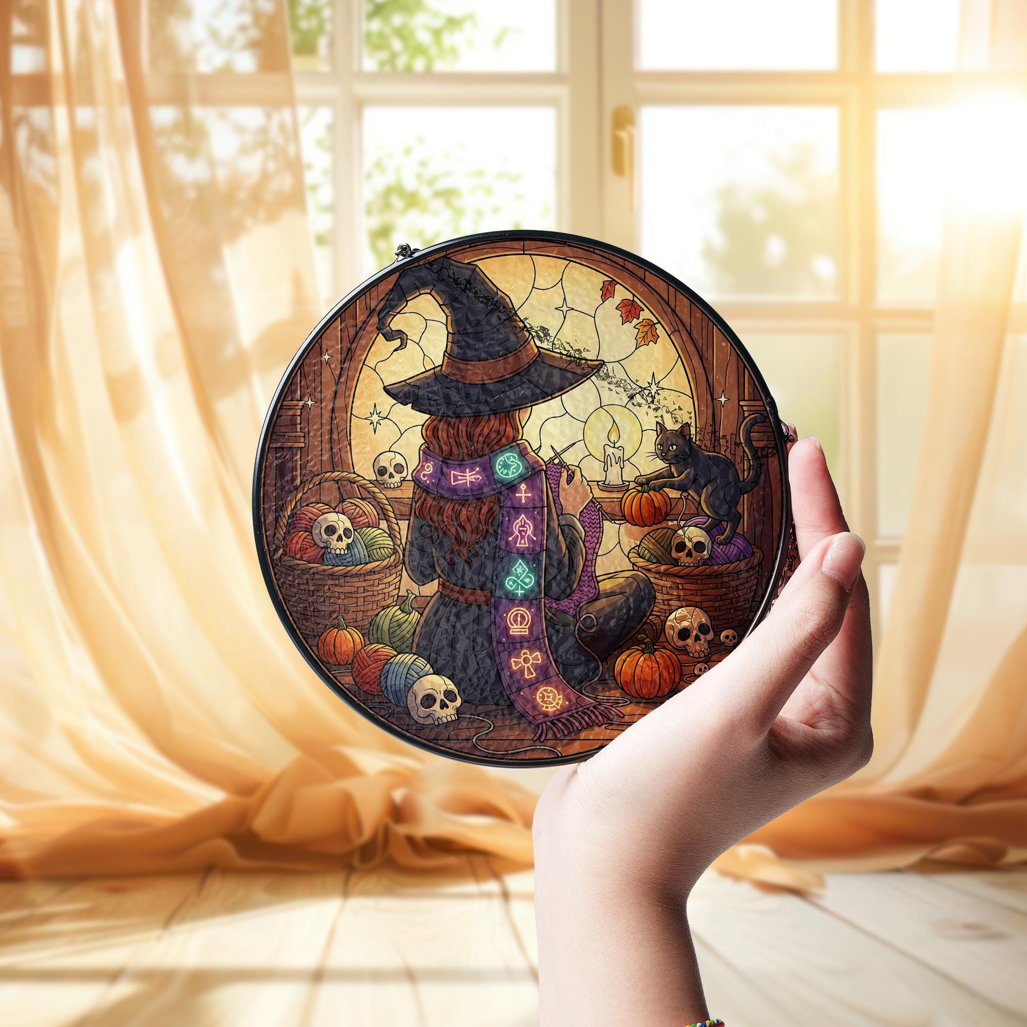 Knitting Witch Halloween Decor - Cozy Witch Wall Hanging with Cat and Yarn - Spooky Fall Gothic Art for Crafters