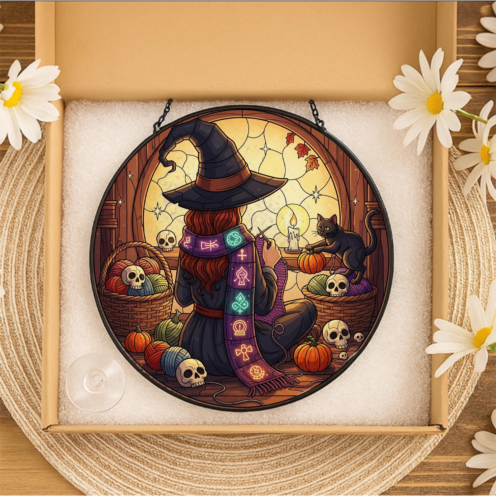 Knitting Witch Halloween Decor - Cozy Witch Wall Hanging with Cat and Yarn - Spooky Fall Gothic Art for Crafters