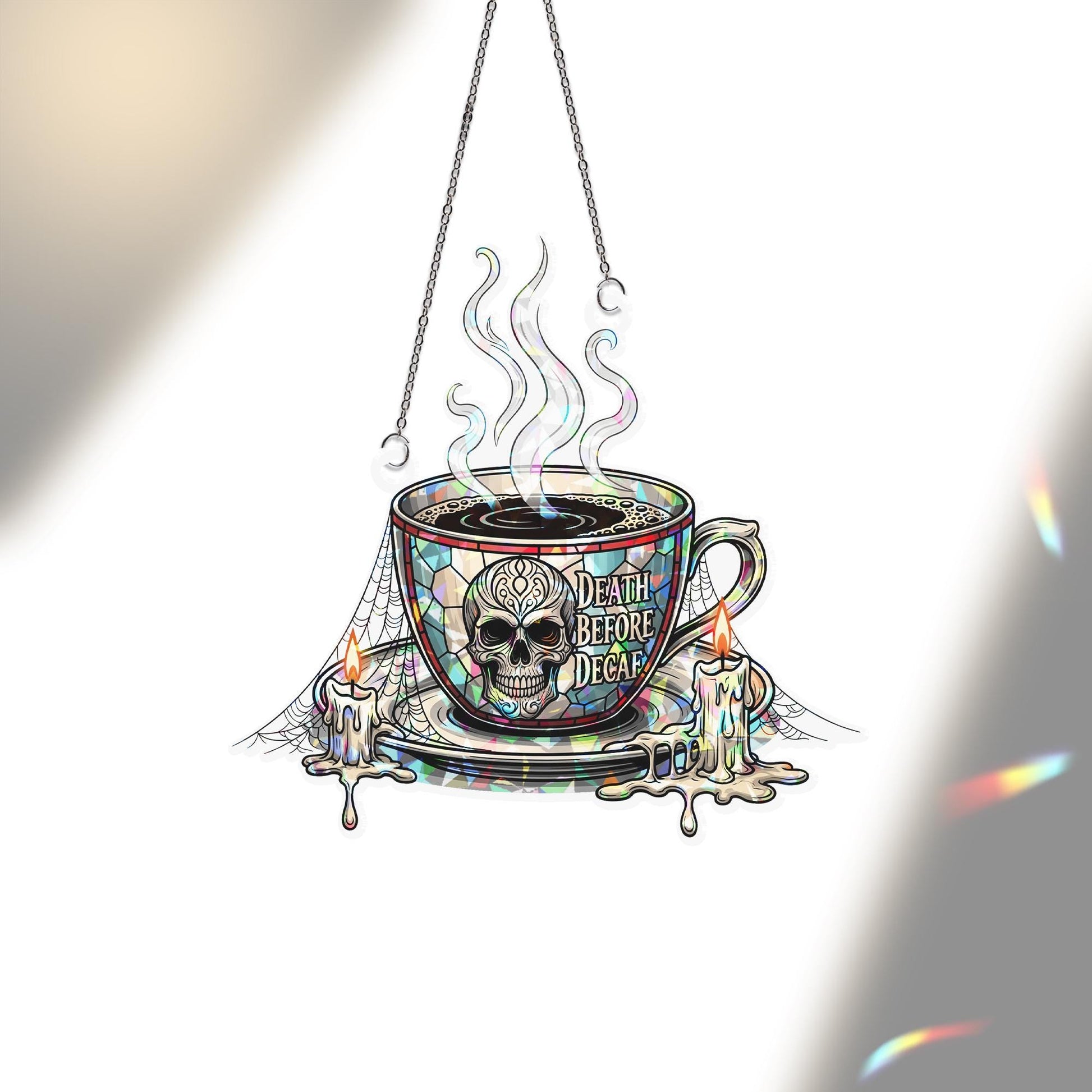 Death Before Decaf Coffee Sign - Gothic Coffee Decor with Skull and Candles - Halloween Kitchen Wall Art