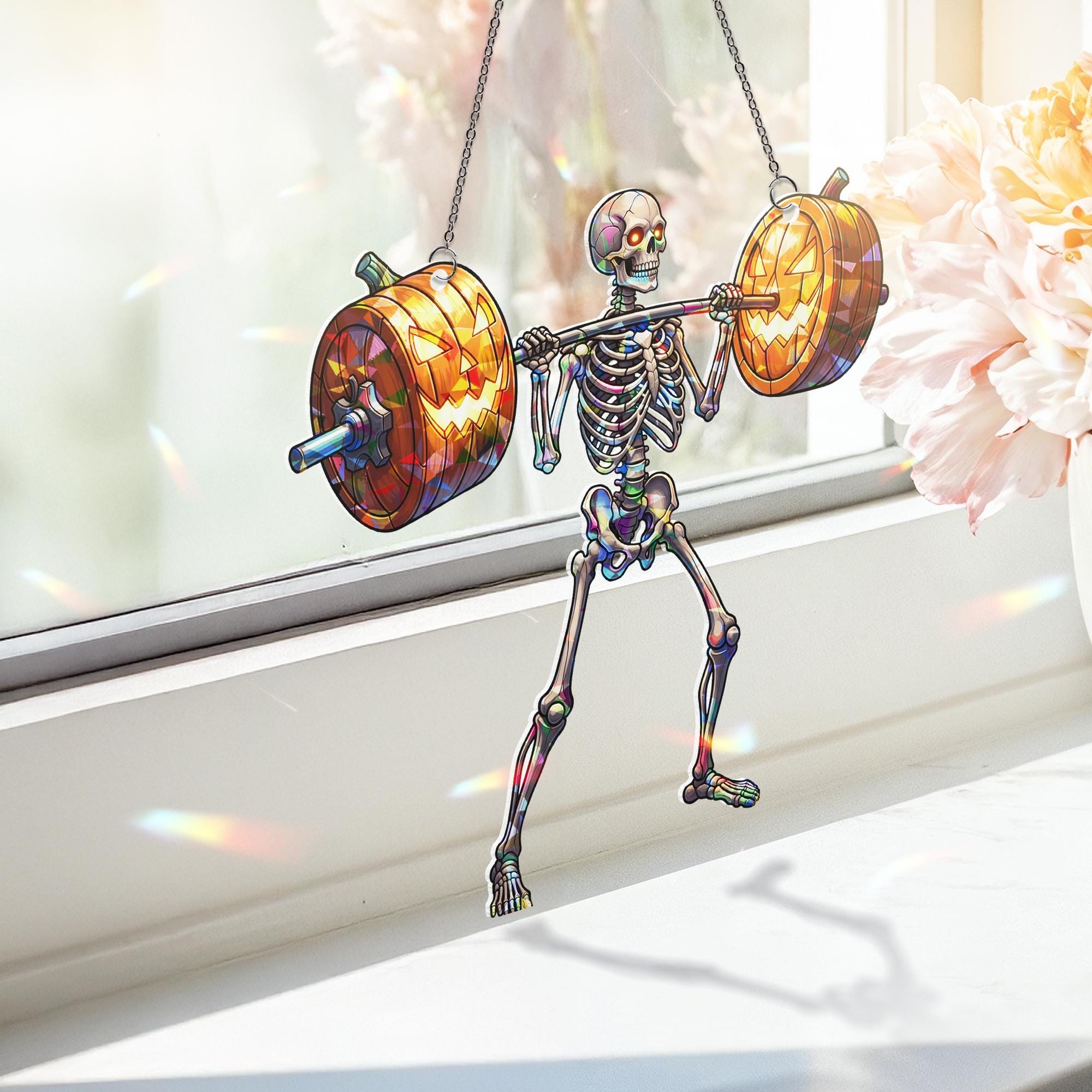 Skeleton Weightlifting Pumpkin Suncatcher - Funny Halloween Gym Decor - Jack O’Lantern Fitness Gift