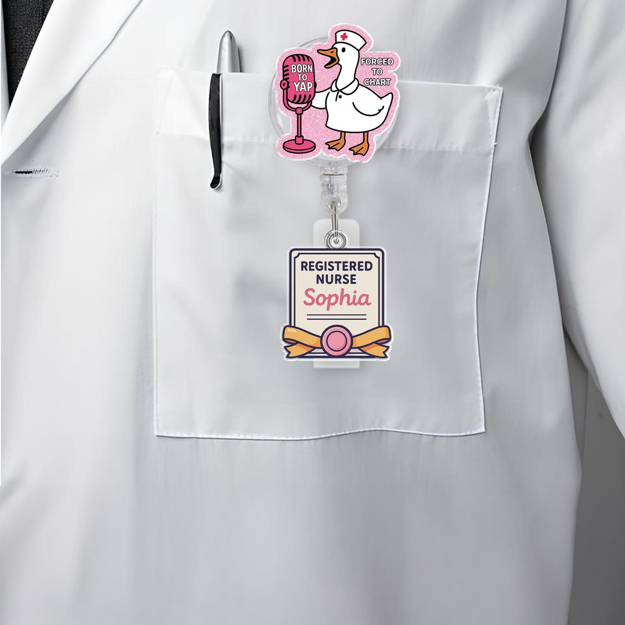 Registered Nurse Badge Reel, Funny RN Goose ID Holder, Personalized Goose Badge, Born to Yap Forced to Chart, Cute Yapper Nurse Gift for Her