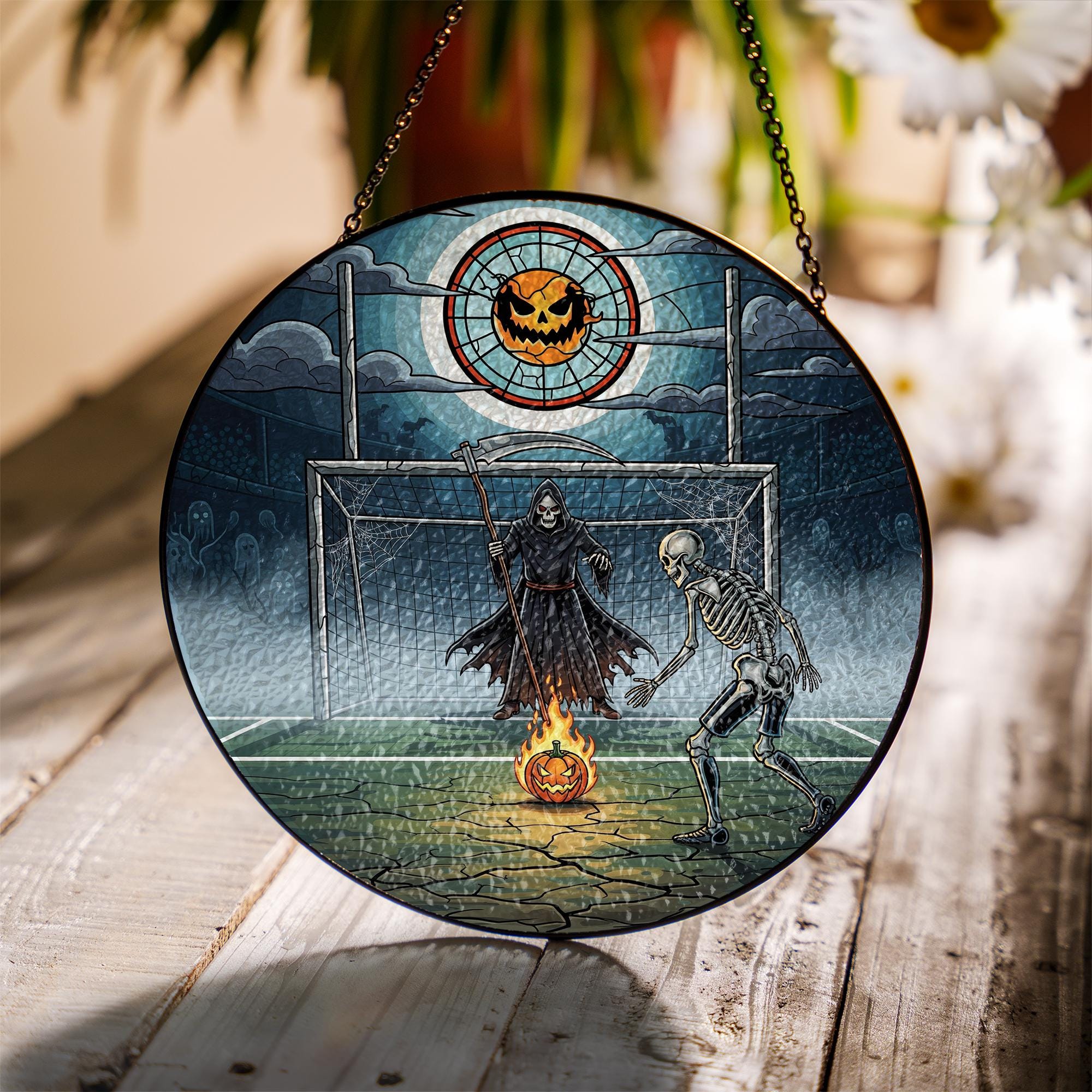 Skeleton Soccer Halloween Suncatcher - Grim Reaper Pumpkin Sports Decor - Spooky Football Gift