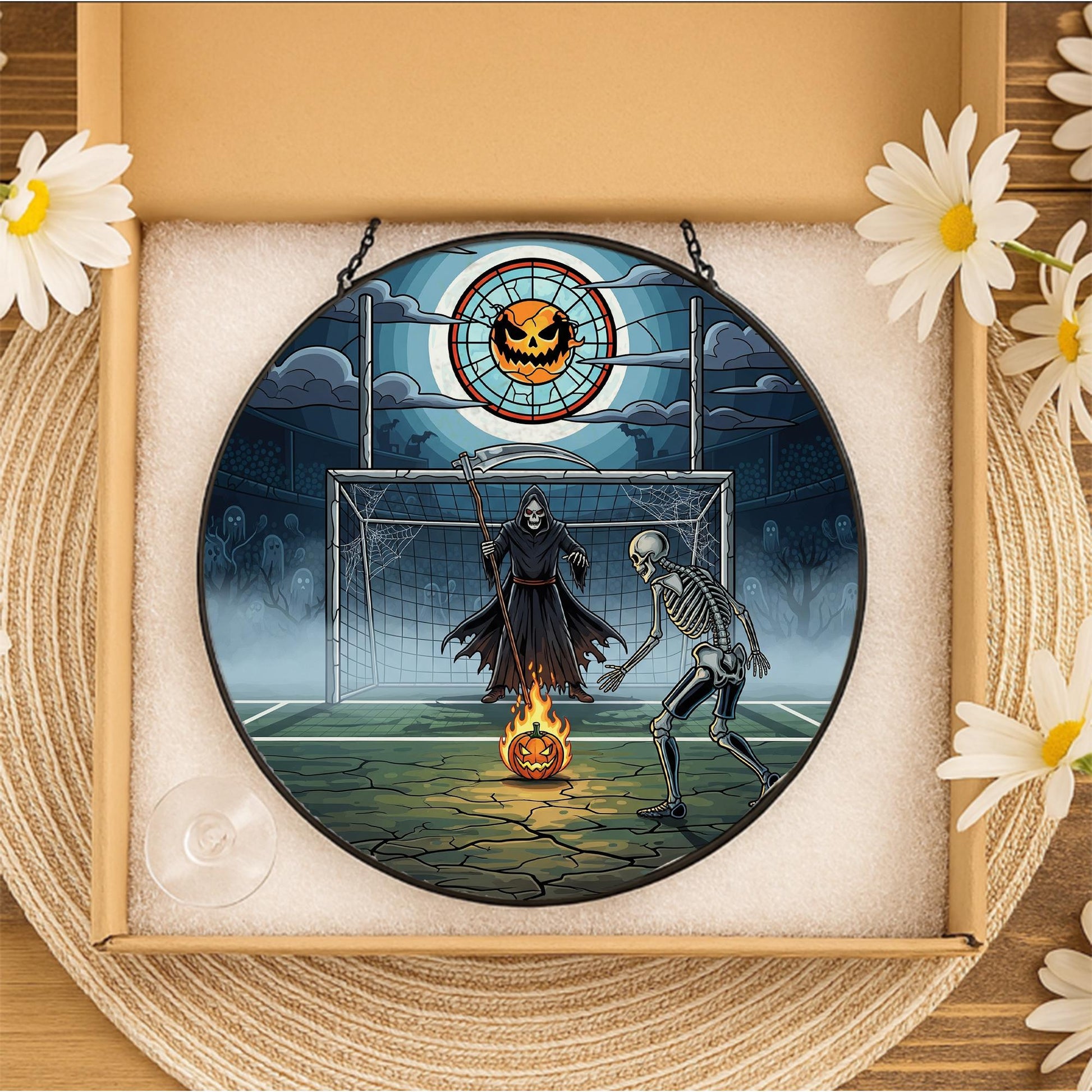 Skeleton Soccer Halloween Suncatcher - Grim Reaper Pumpkin Sports Decor - Spooky Football Gift