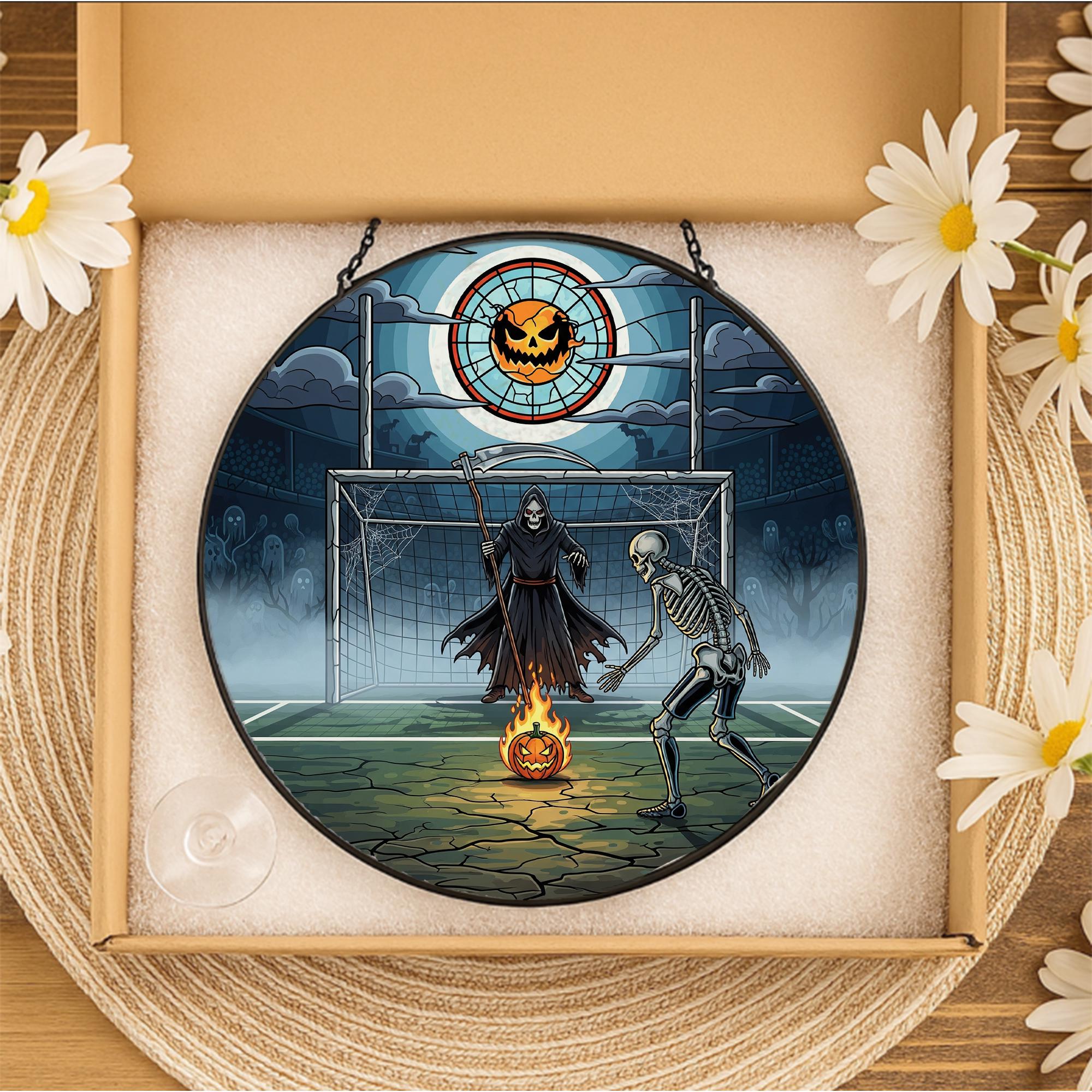 Skeleton Soccer Halloween Suncatcher - Grim Reaper Pumpkin Sports Decor - Spooky Football Gift