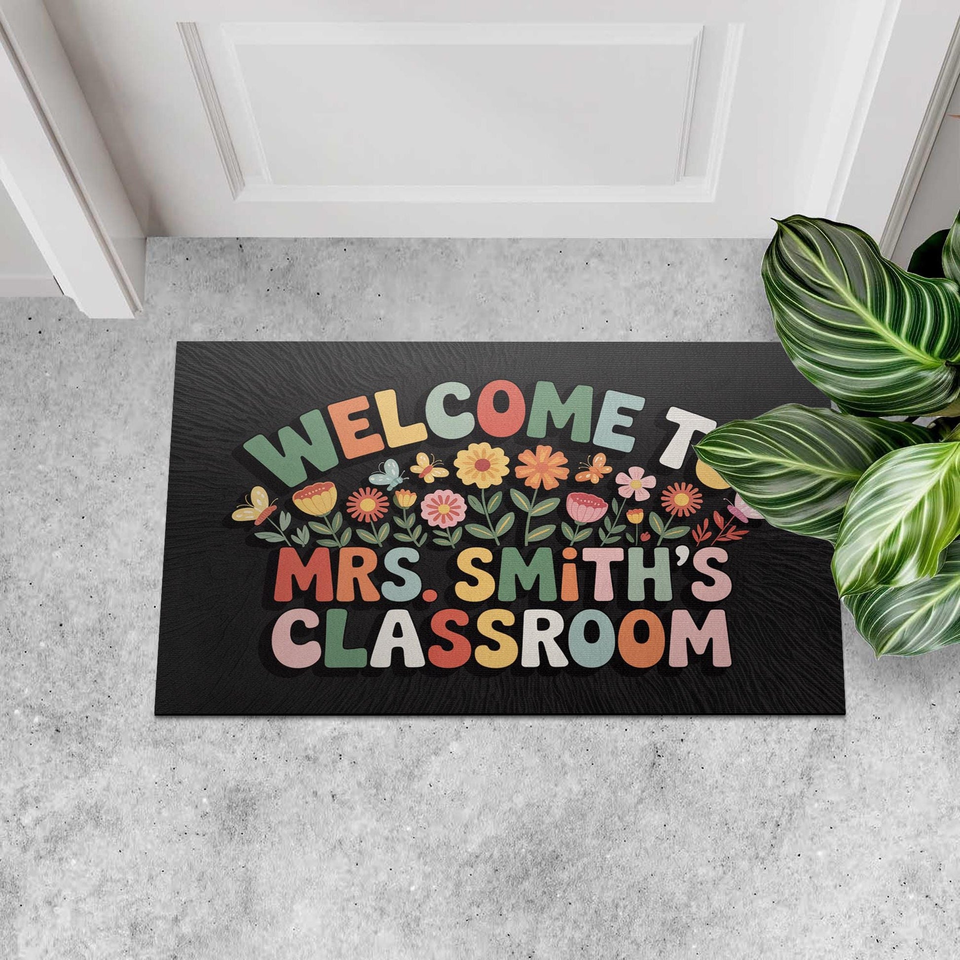 Floral Classroom Welcome Mat, Personalized Teacher Doormat with Colorful Flowers and Name, Cute School Decor or Teacher Gift, Back To School