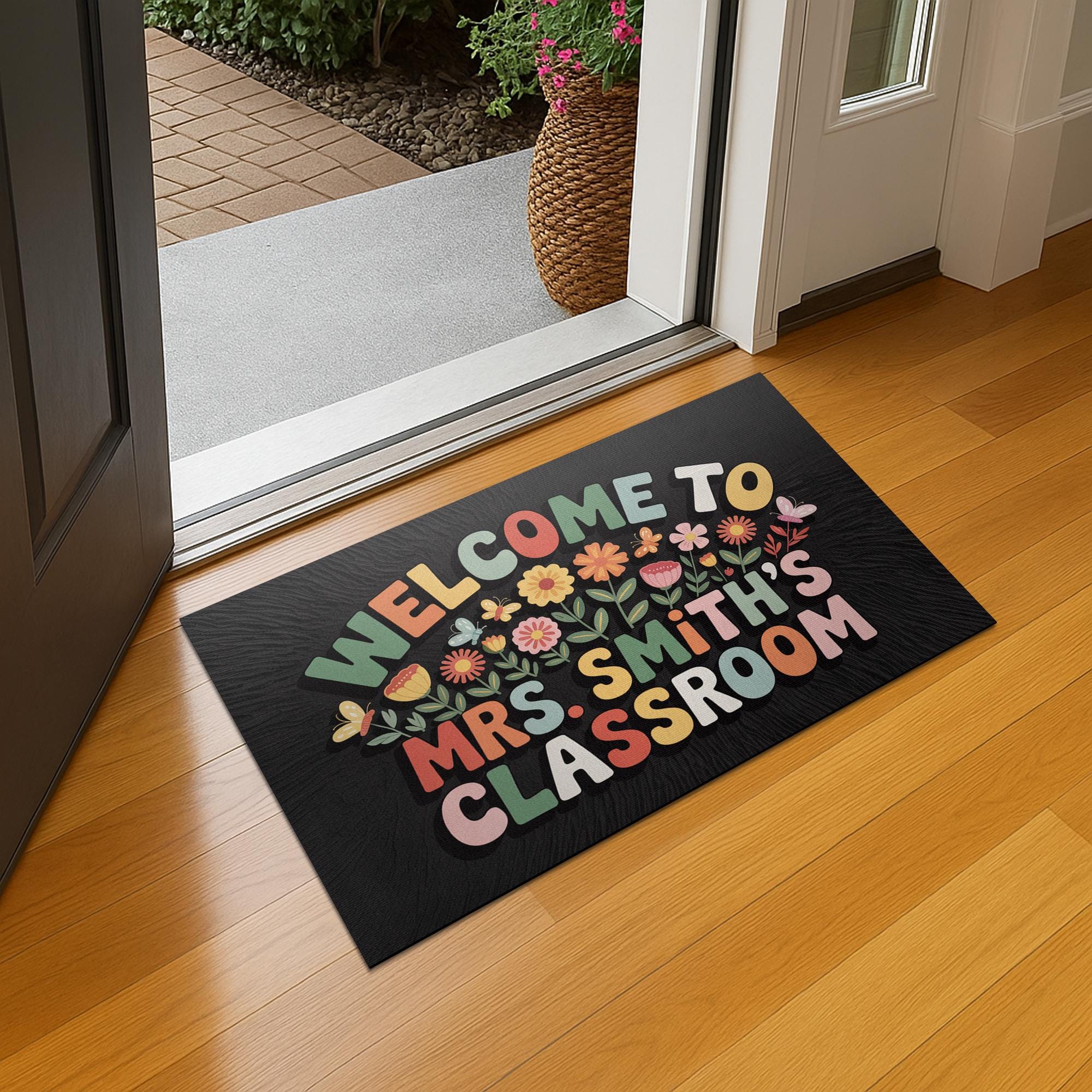 Floral Classroom Welcome Mat, Personalized Teacher Doormat with Colorful Flowers and Name, Cute School Decor or Teacher Gift, Back To School