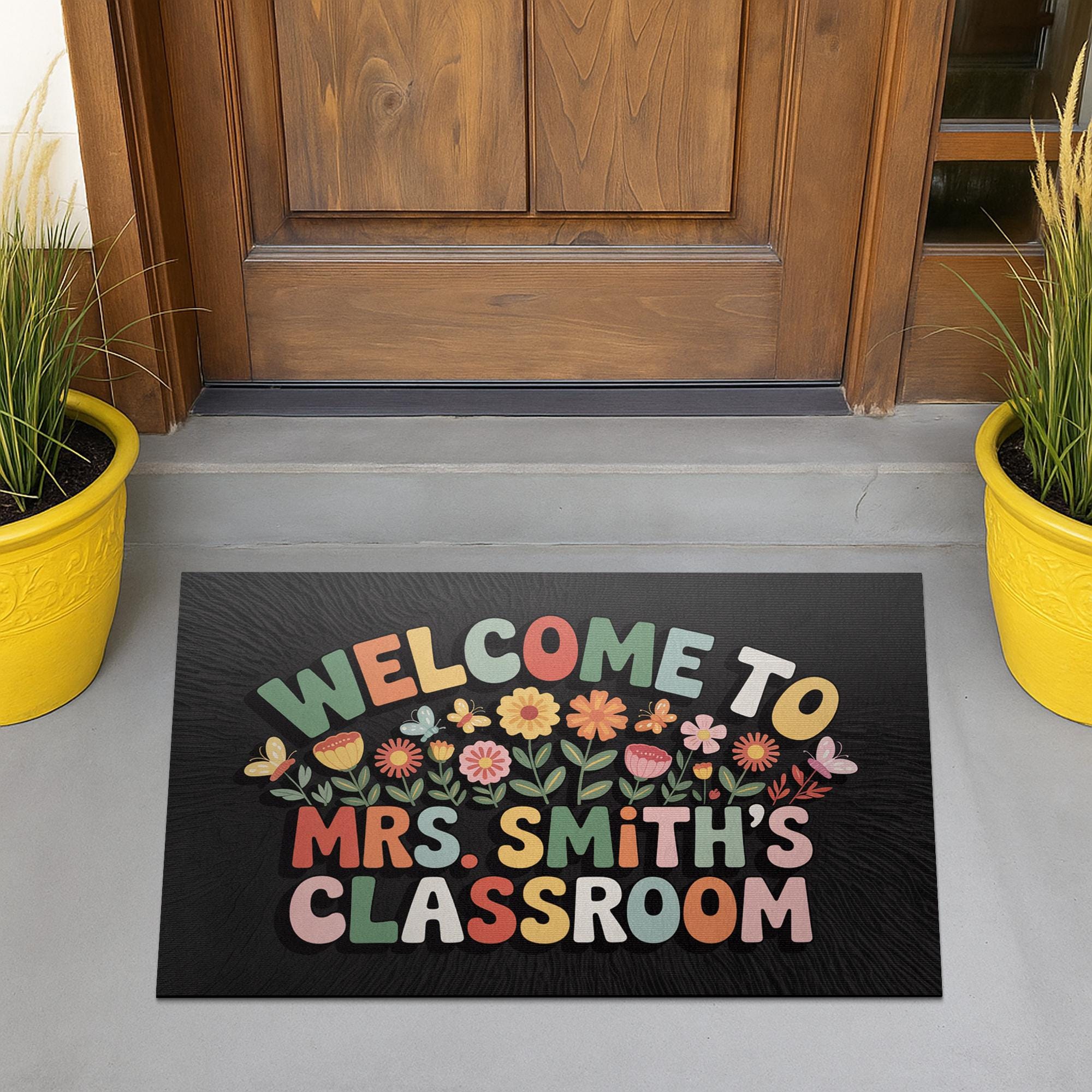 Floral Classroom Welcome Mat, Personalized Teacher Doormat with Colorful Flowers and Name, Cute School Decor or Teacher Gift, Back To School