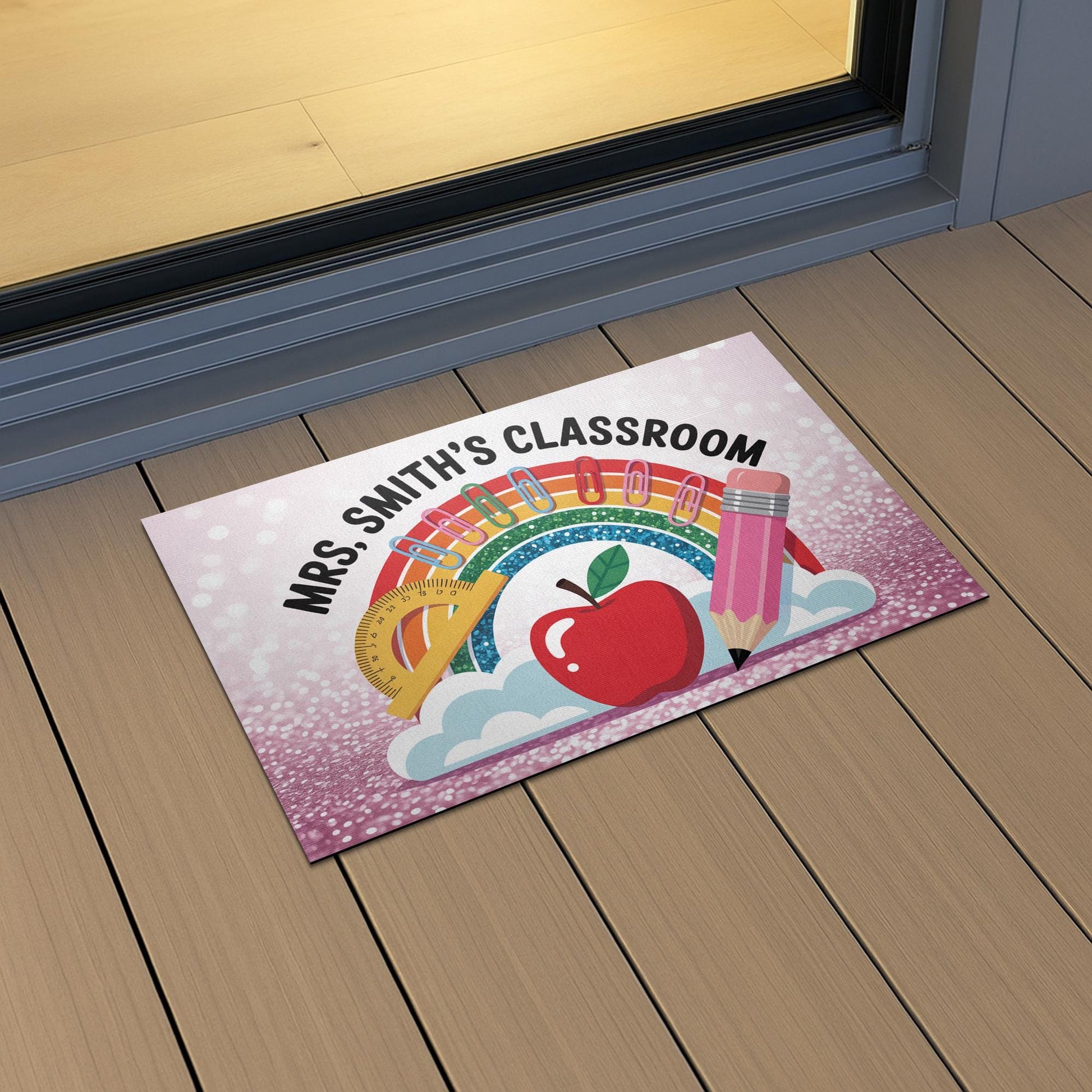 Personalized Classroom Doormat – Rainbow Teacher Welcome Mat with Name, Cute School Decor with Apple and Pencil for Educators, Teachers