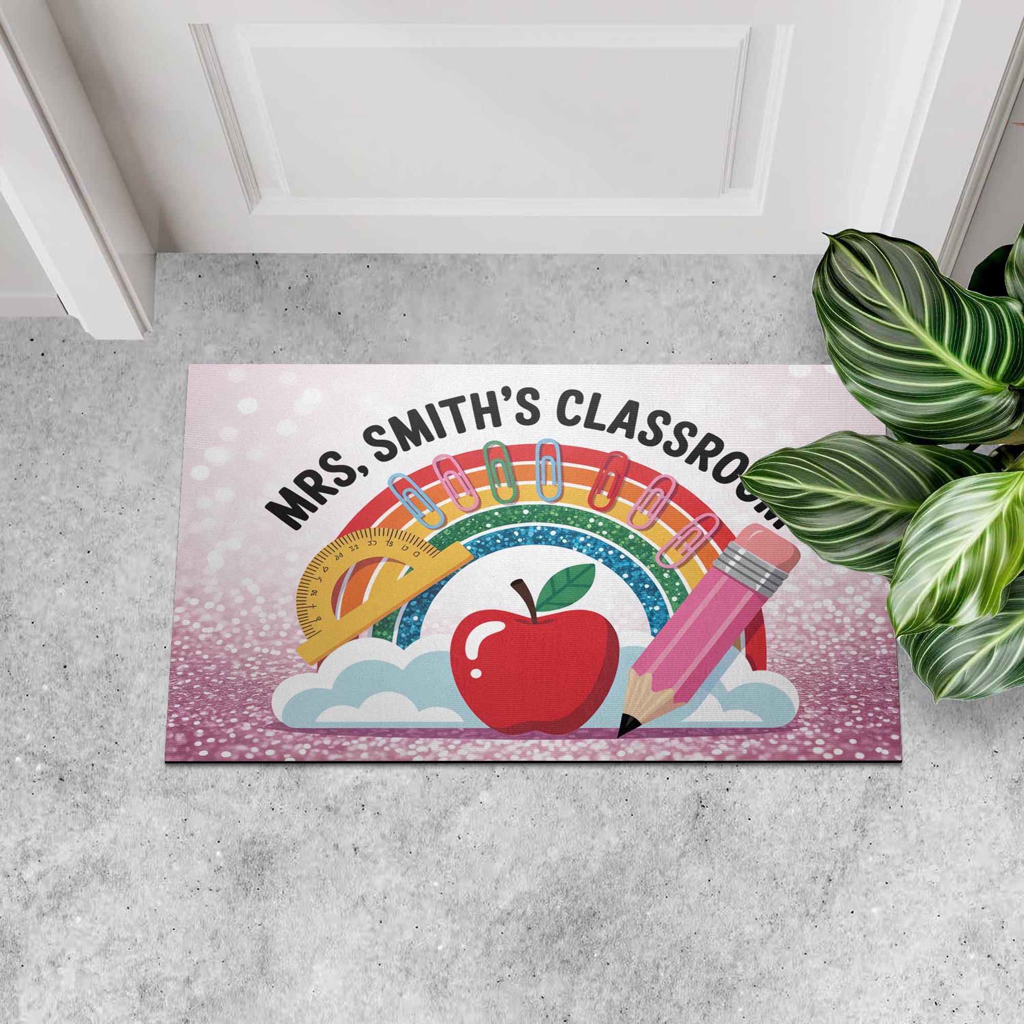 Personalized Classroom Doormat – Rainbow Teacher Welcome Mat with Name, Cute School Decor with Apple and Pencil for Educators, Teachers