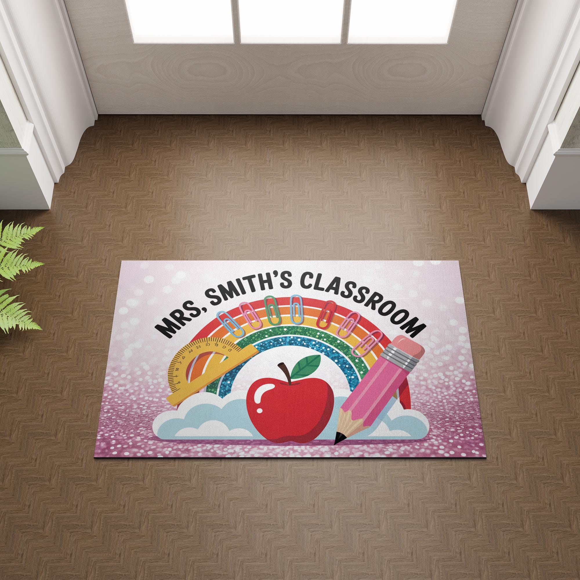 Personalized Classroom Doormat – Rainbow Teacher Welcome Mat with Name, Cute School Decor with Apple and Pencil for Educators, Teachers