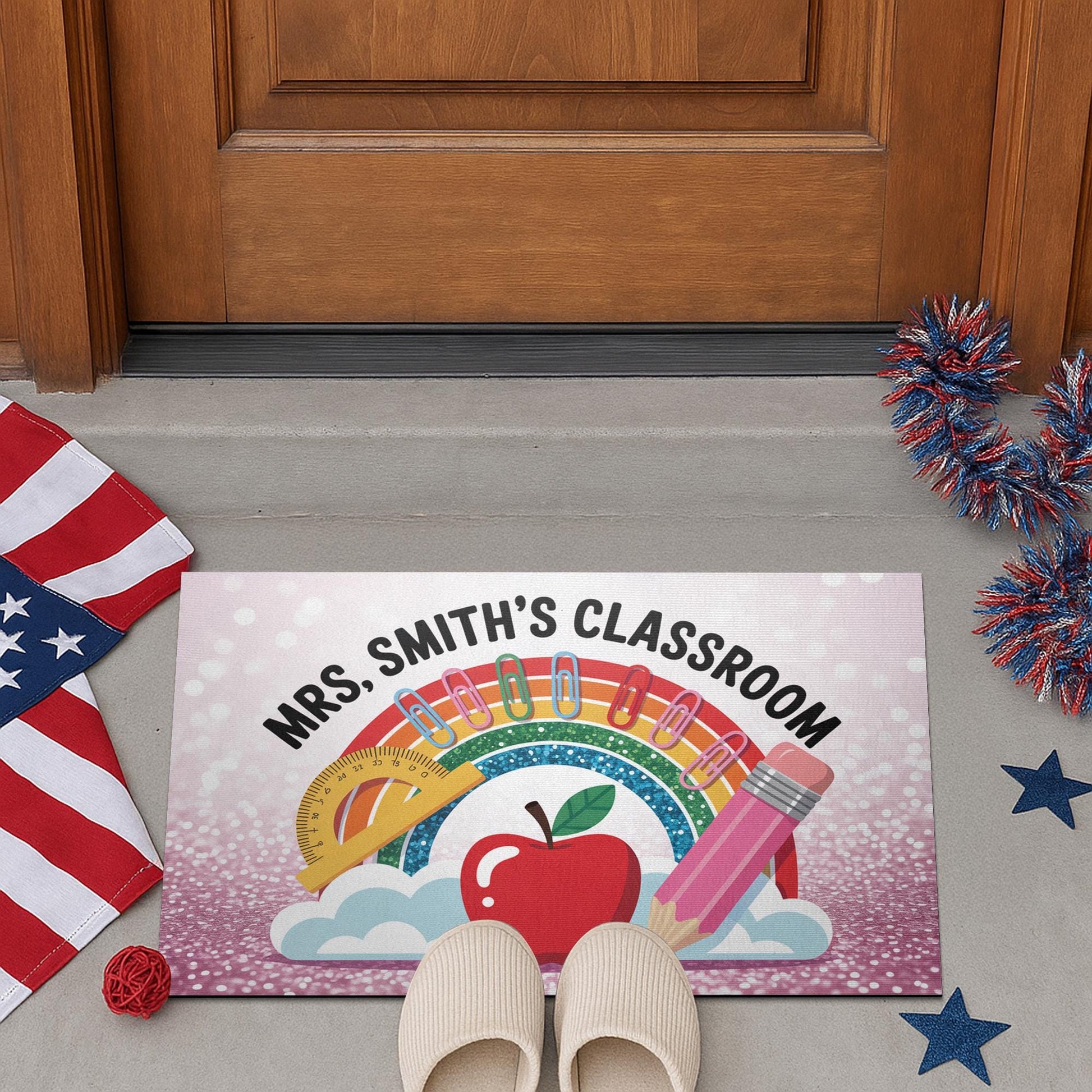Personalized Classroom Doormat – Rainbow Teacher Welcome Mat with Name, Cute School Decor with Apple and Pencil for Educators, Teachers