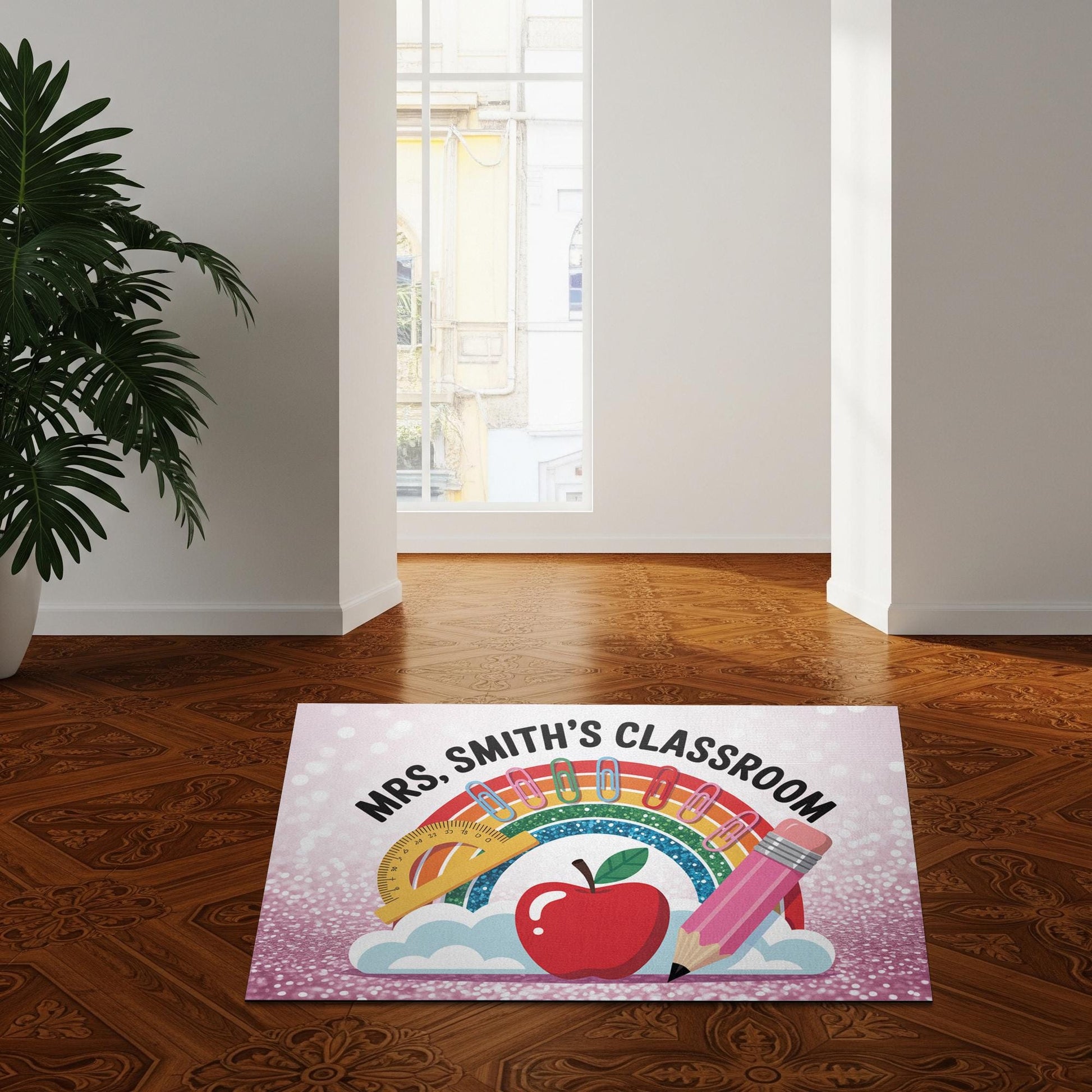 Personalized Classroom Doormat – Rainbow Teacher Welcome Mat with Name, Cute School Decor with Apple and Pencil for Educators, Teachers