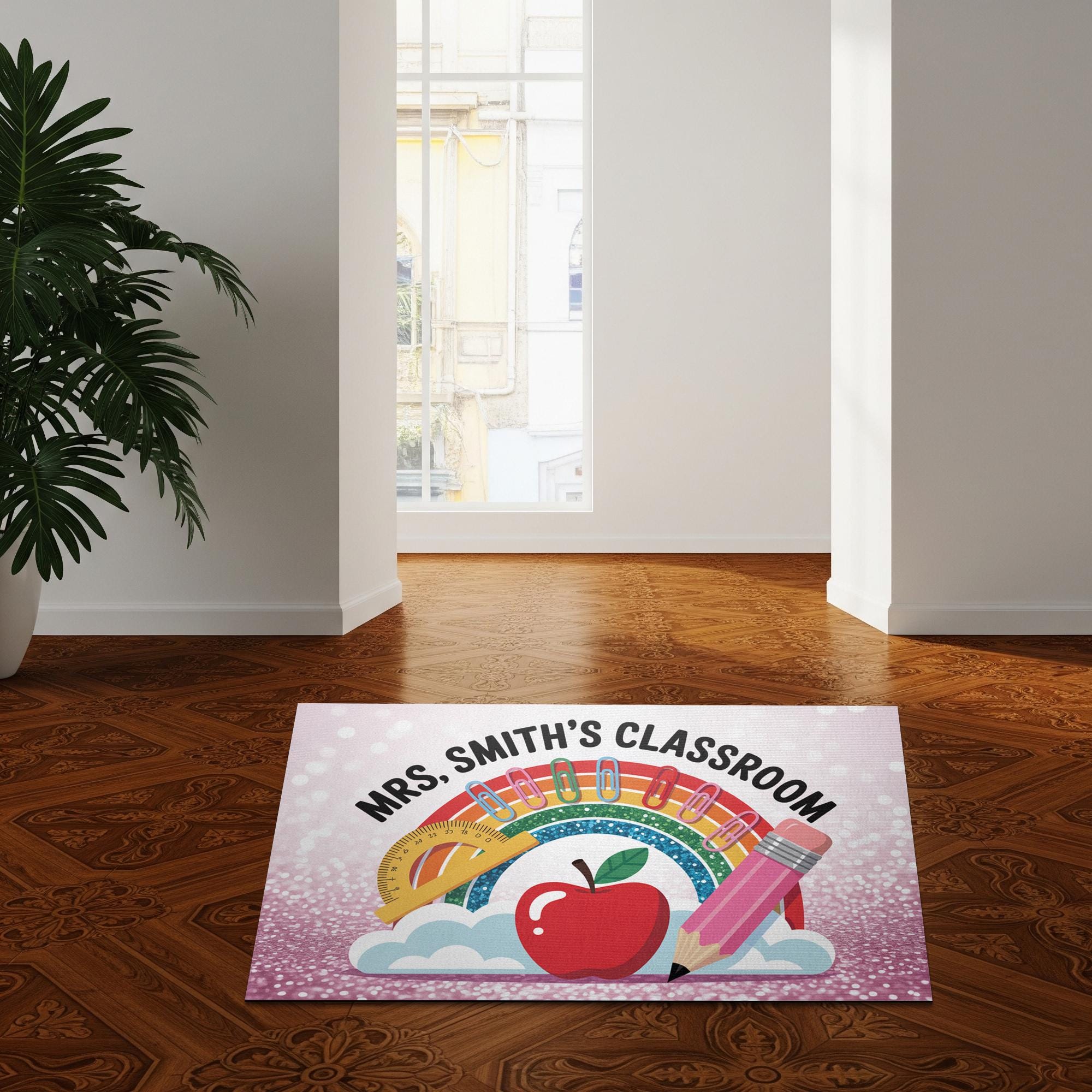 Personalized Classroom Doormat – Rainbow Teacher Welcome Mat with Name, Cute School Decor with Apple and Pencil for Educators, Teachers