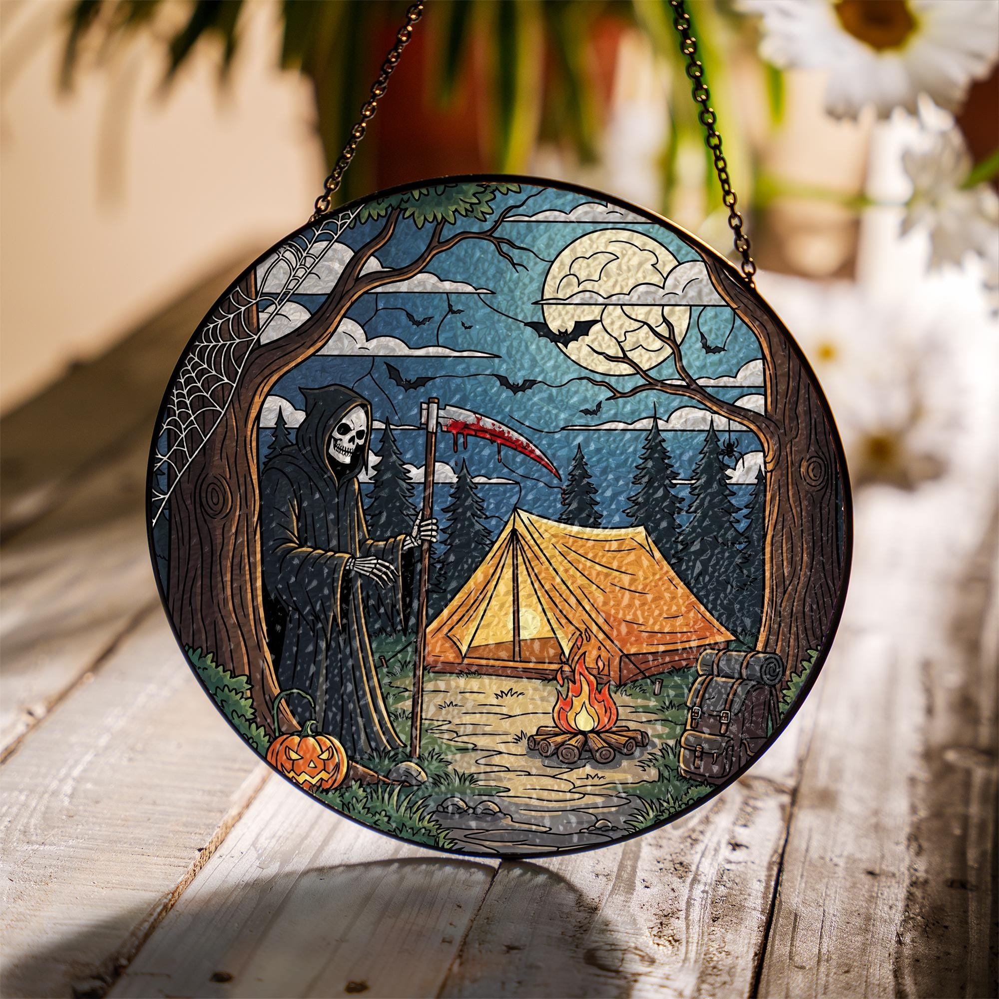 Grim Reaper Camping Stained Glass Suncatcher | Halloween Campfire Scene Ornament | Spooky Forest Window Hanging Decor