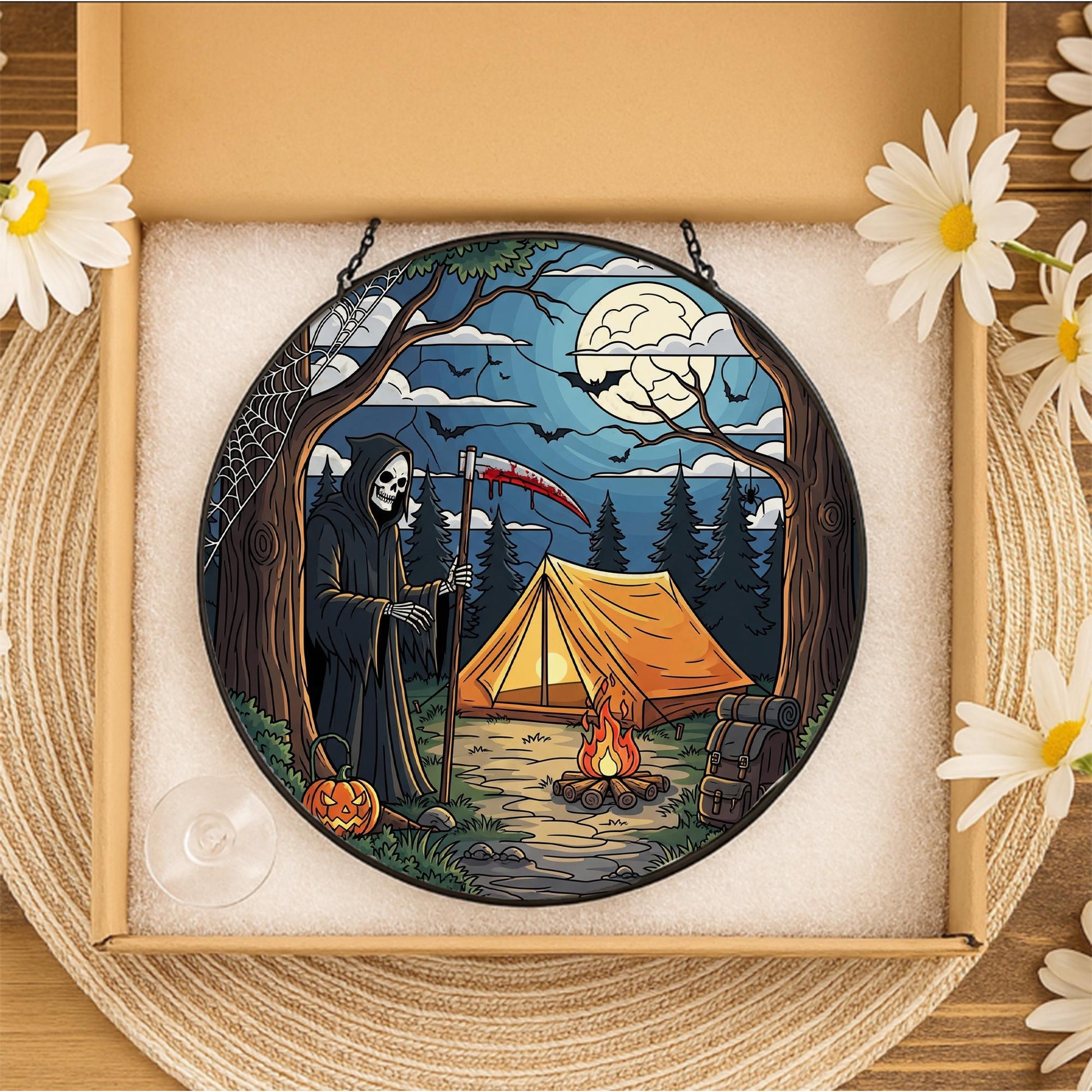 Grim Reaper Camping Stained Glass Suncatcher | Halloween Campfire Scene Ornament | Spooky Forest Window Hanging Decor