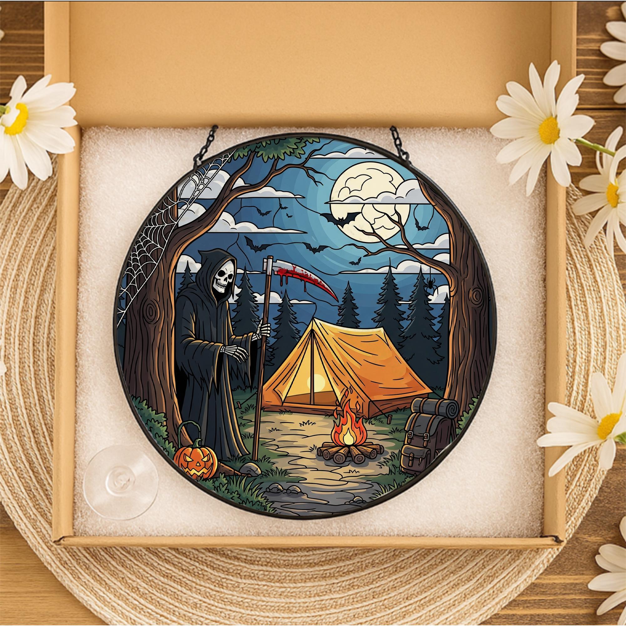 Grim Reaper Camping Stained Glass Suncatcher | Halloween Campfire Scene Ornament | Spooky Forest Window Hanging Decor