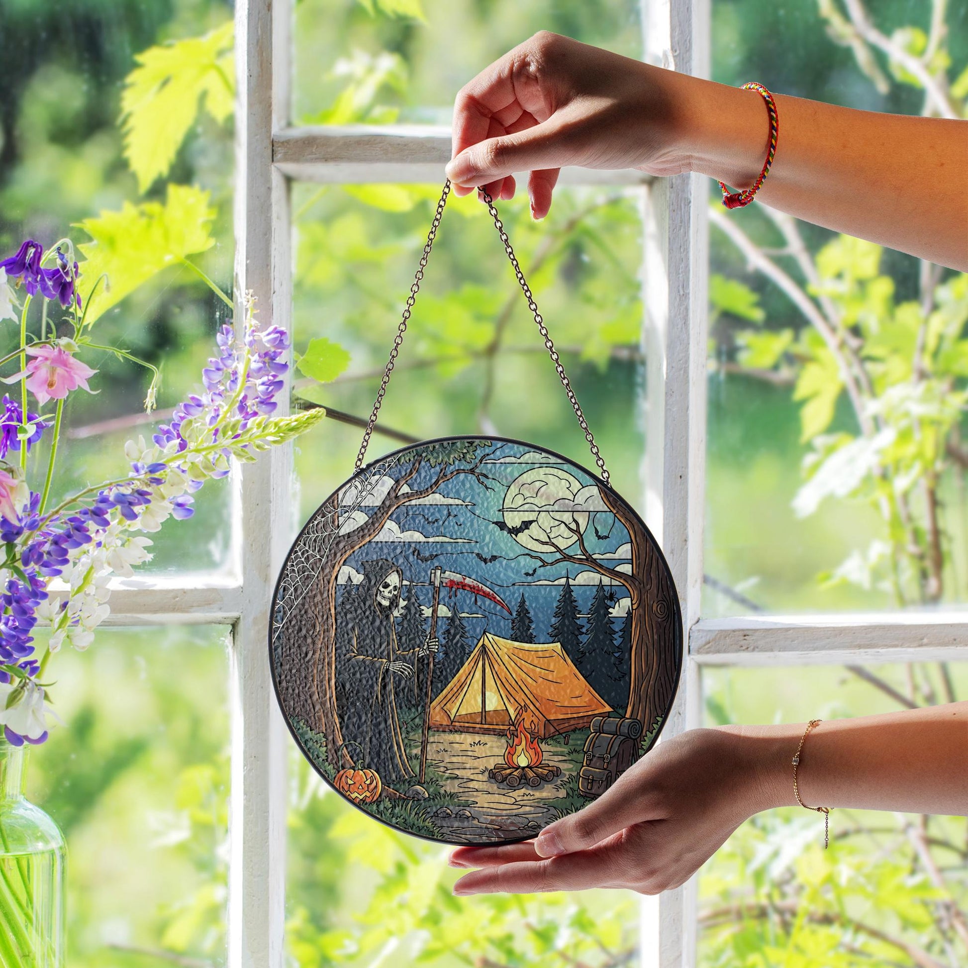 Grim Reaper Camping Stained Glass Suncatcher | Halloween Campfire Scene Ornament | Spooky Forest Window Hanging Decor