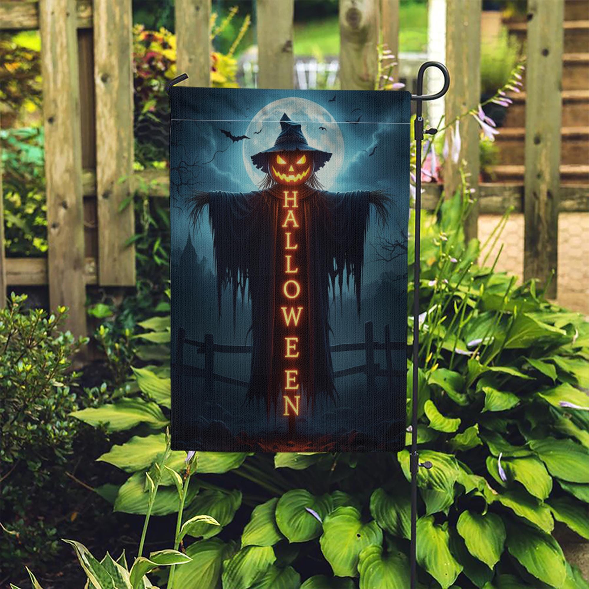 Spooky Halloween Garden Flag, Scarecrow Jack O'Lantern Yard Decor, Creepy Outdoor Banner, Gothic Holiday Decoration for Porch & Lawn
