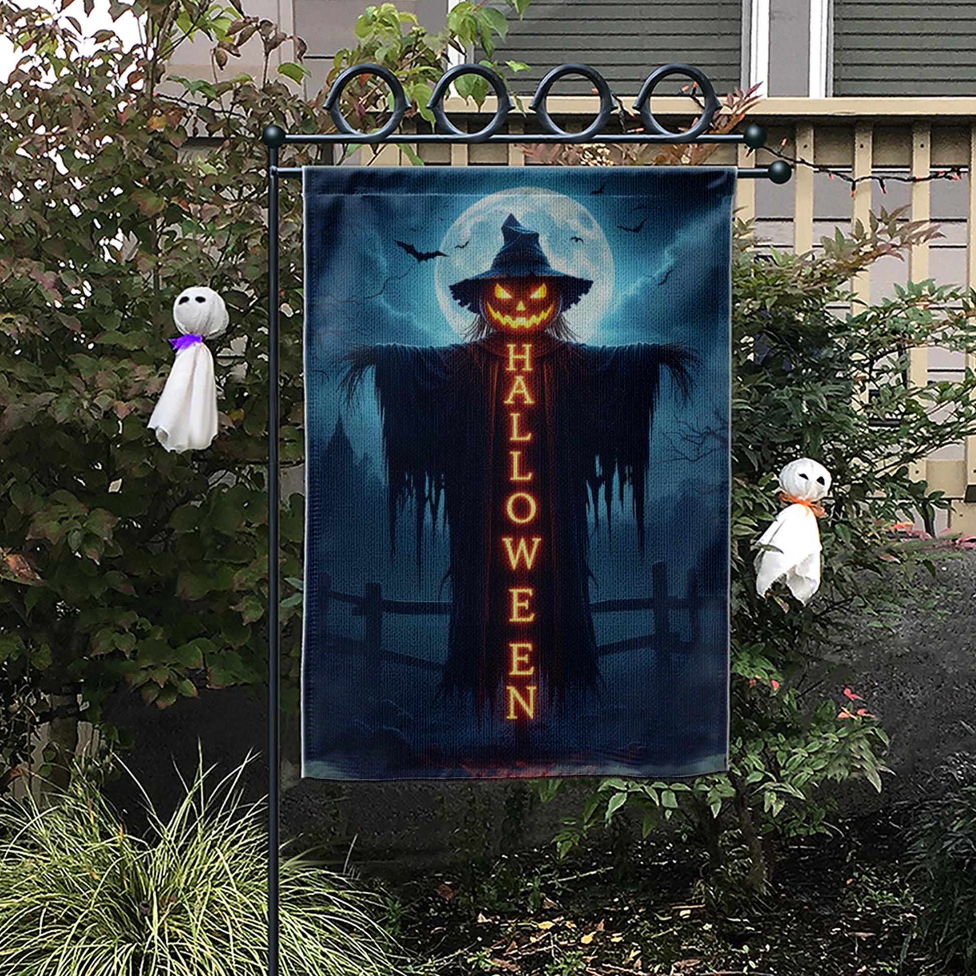 Spooky Halloween Garden Flag, Scarecrow Jack O'Lantern Yard Decor, Creepy Outdoor Banner, Gothic Holiday Decoration for Porch & Lawn