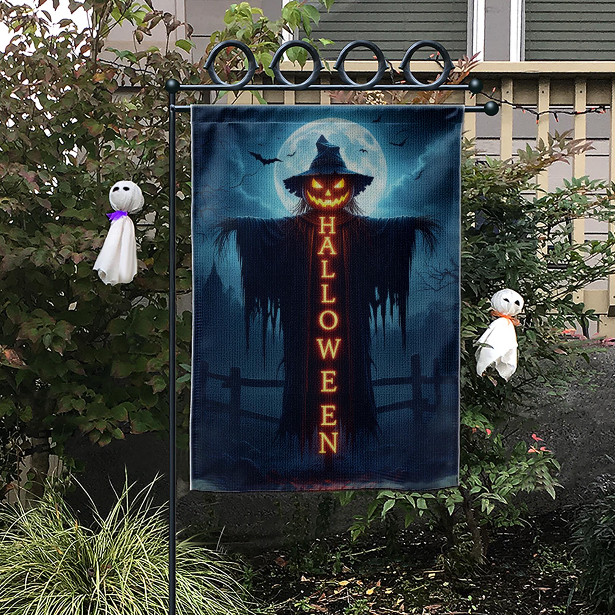 Spooky Halloween Garden Flag, Scarecrow Jack O'Lantern Yard Decor, Creepy Outdoor Banner, Gothic Holiday Decoration for Porch & Lawn