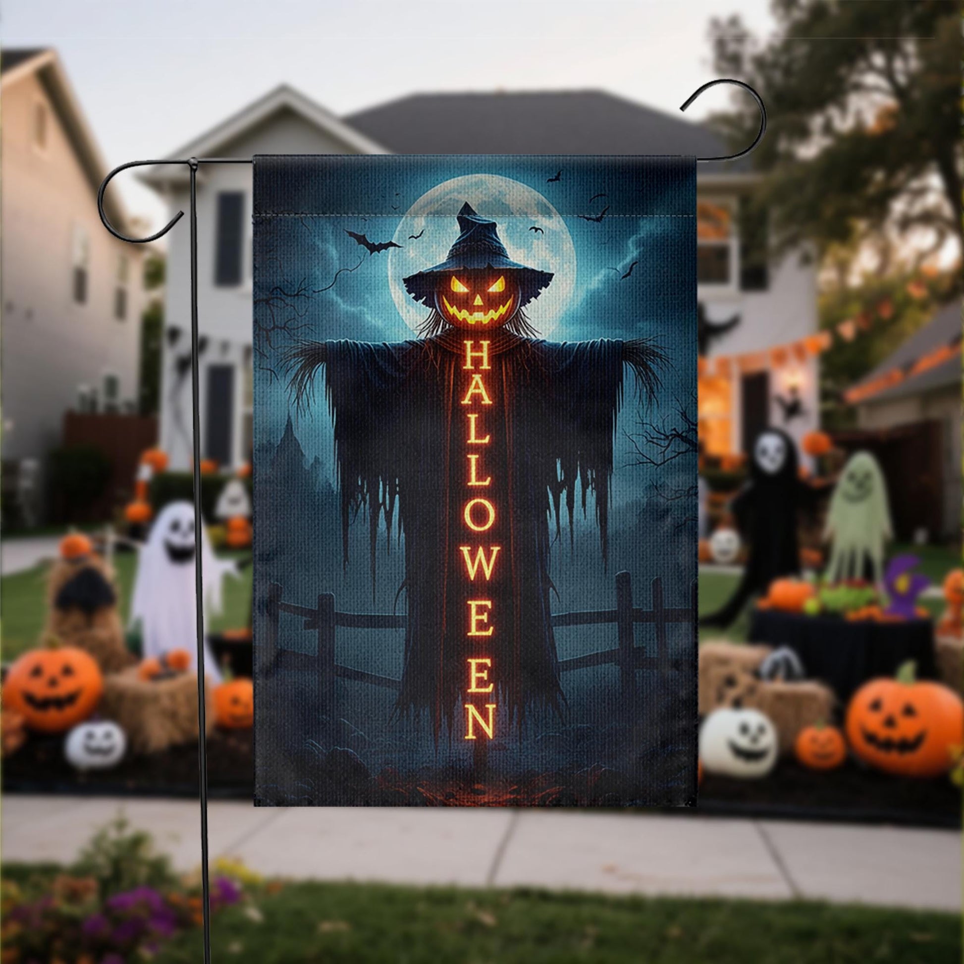 Spooky Halloween Garden Flag, Scarecrow Jack O'Lantern Yard Decor, Creepy Outdoor Banner, Gothic Holiday Decoration for Porch & Lawn