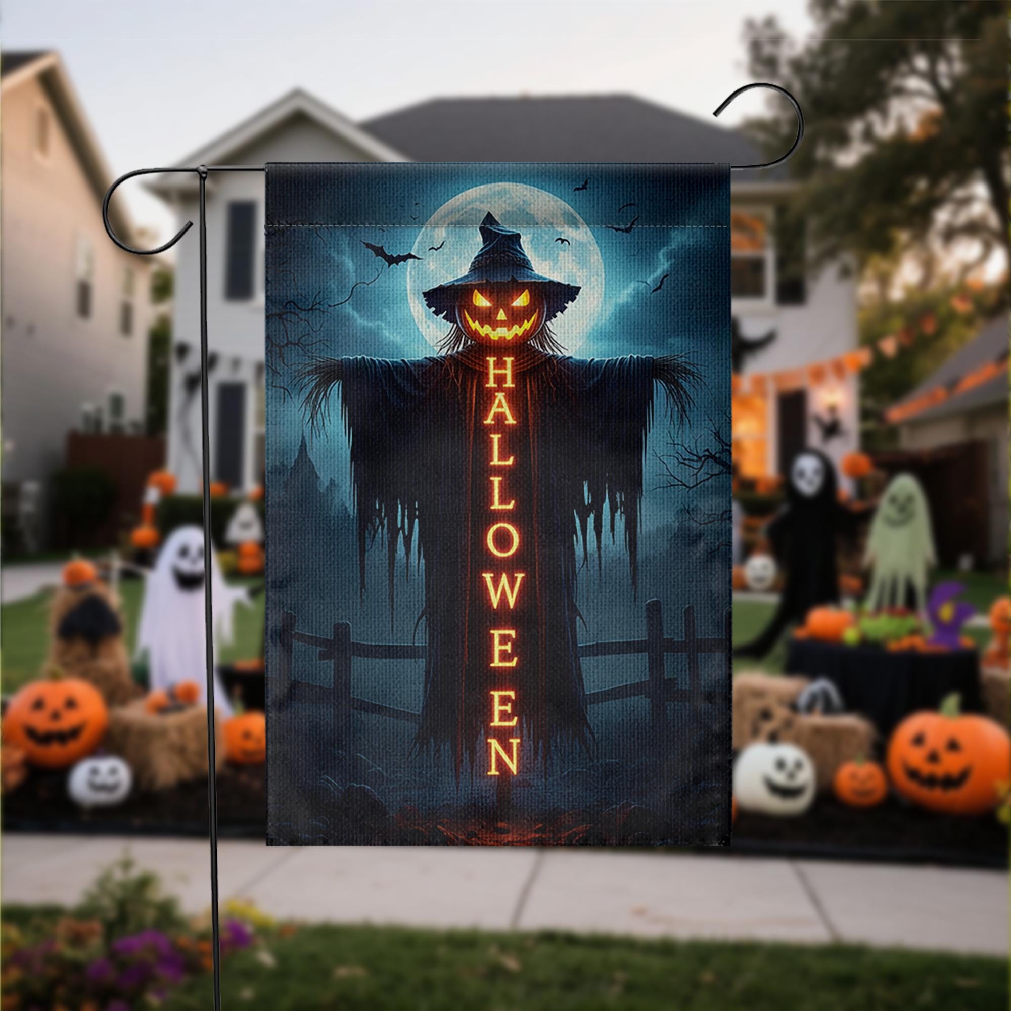 Spooky Halloween Garden Flag, Scarecrow Jack O'Lantern Yard Decor, Creepy Outdoor Banner, Gothic Holiday Decoration for Porch & Lawn