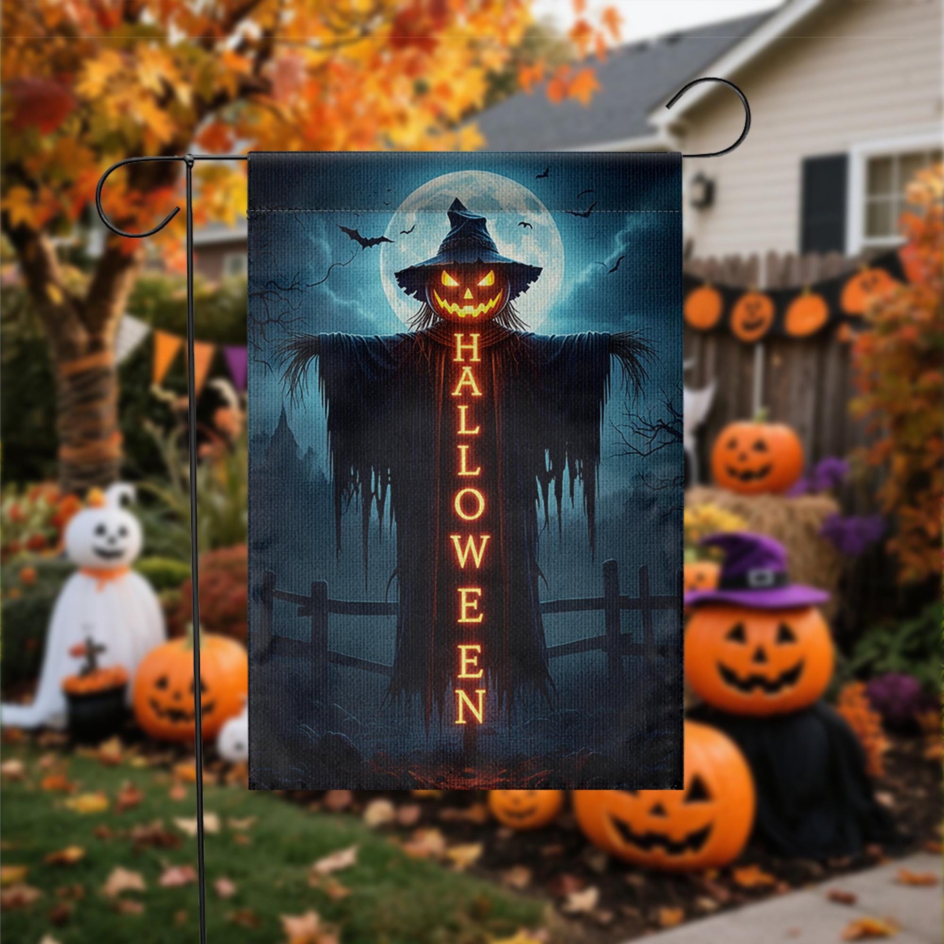 Spooky Halloween Garden Flag, Scarecrow Jack O'Lantern Yard Decor, Creepy Outdoor Banner, Gothic Holiday Decoration for Porch & Lawn
