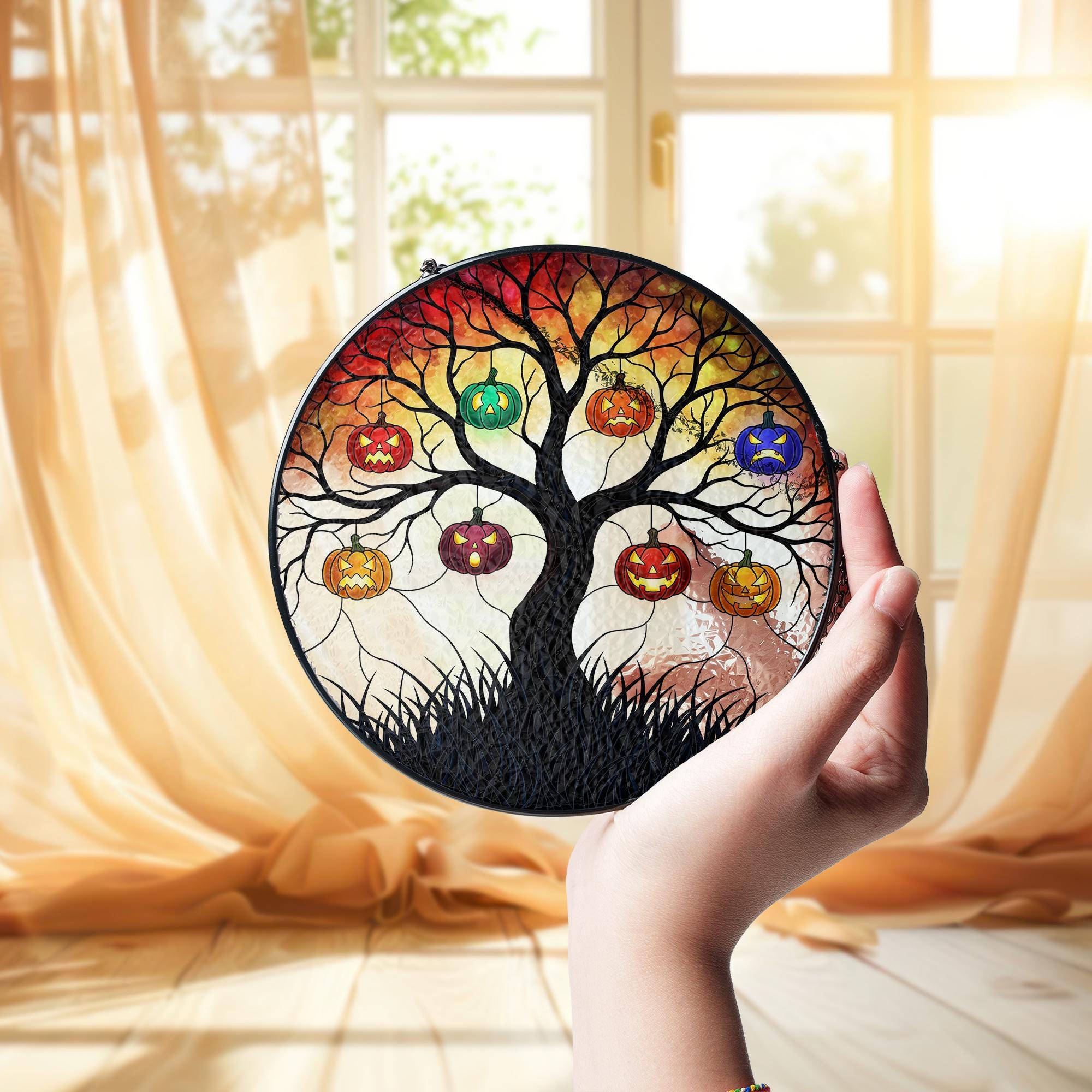Stained Glass Halloween Tree Suncatcher, Spooky Jack O'Lantern Window Hanging, Round Pumpkin Wall Art, Gothic Fall Home Decor Gift