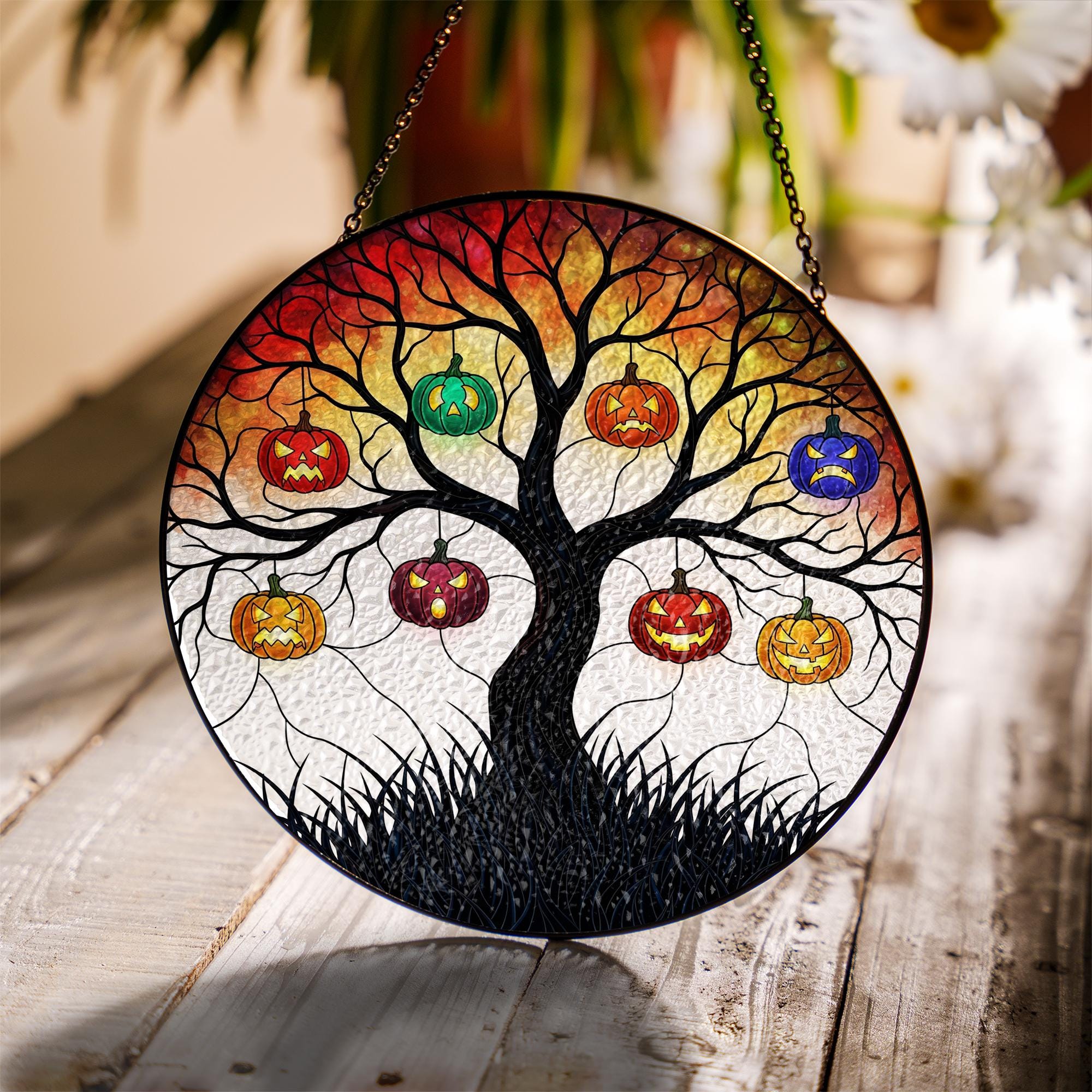 Stained Glass Halloween Tree Suncatcher, Spooky Jack O'Lantern Window Hanging, Round Pumpkin Wall Art, Gothic Fall Home Decor Gift