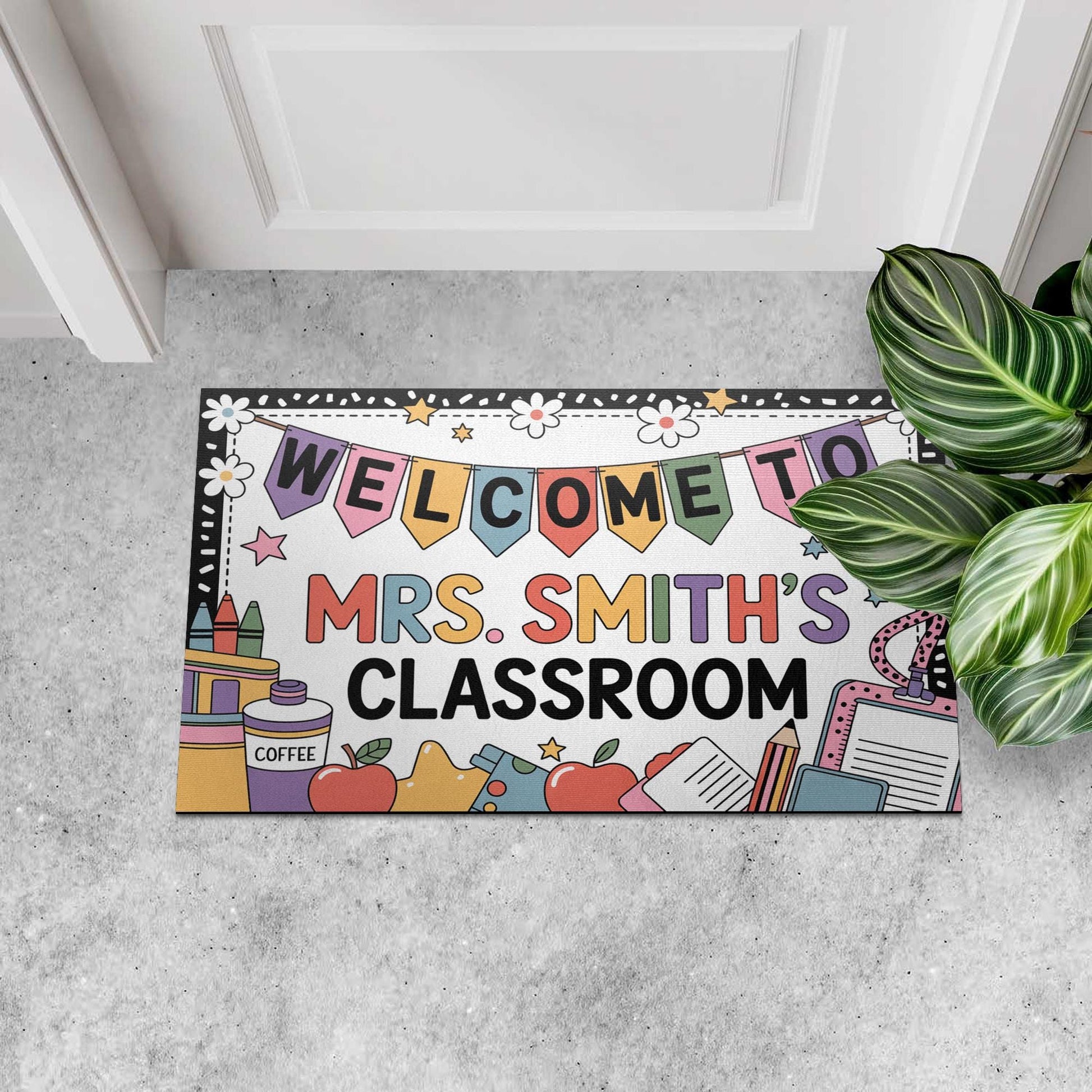 Personalized Teacher Doormat, Fun Classroom Welcome Mat with Banners, Crayons, Name, Custom School Decor for Educators, Back To School Decor
